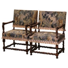Pair of 19th Century French Louis XIII Carved Walnut Armchairs with Aubusson