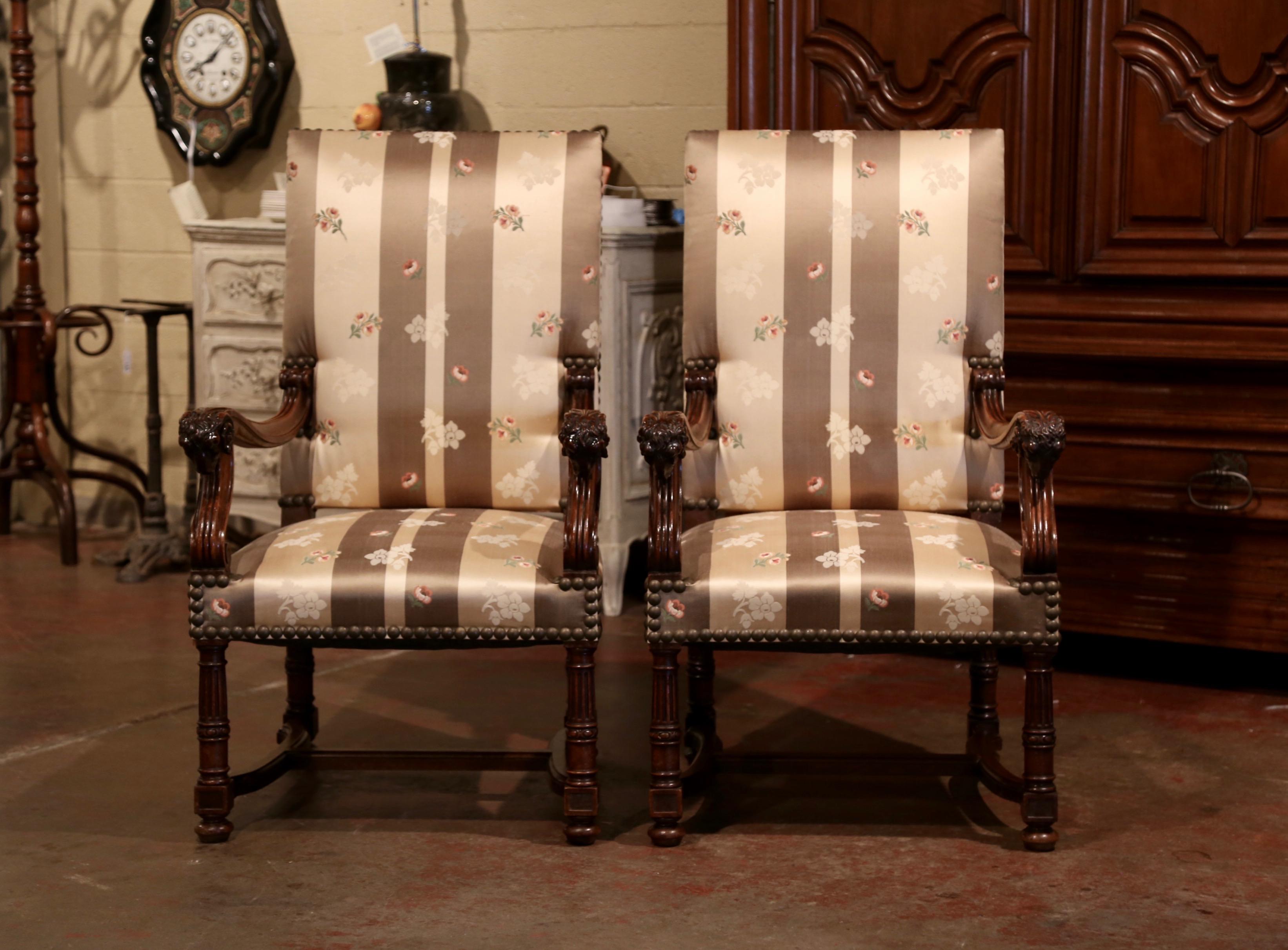 Silk Pair of 19th Century French Louis XIII Carved Walnut Armchairs with Ram Decor For Sale