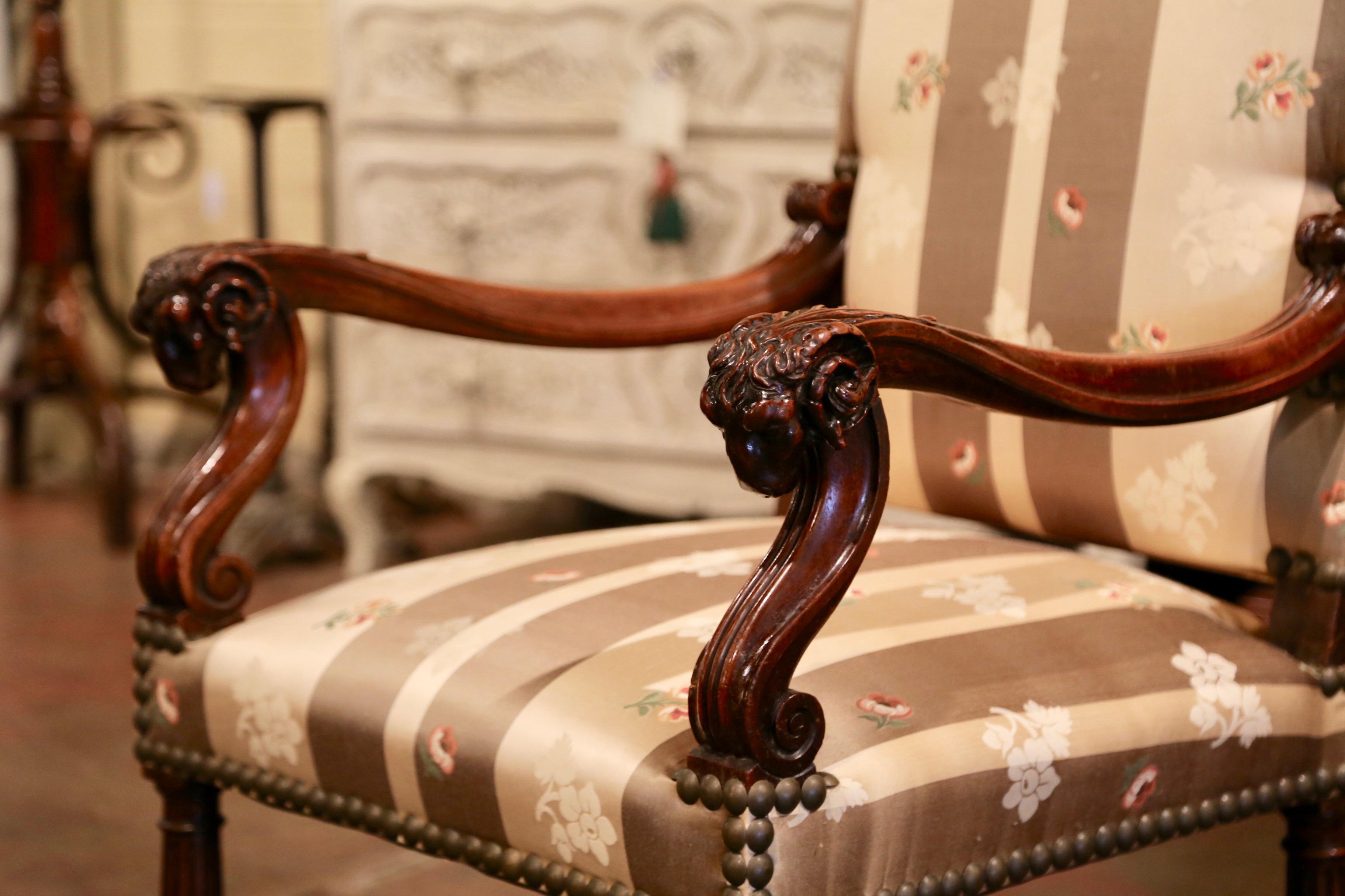 Pair of 19th Century French Louis XIII Carved Walnut Armchairs with Ram Decor For Sale 2