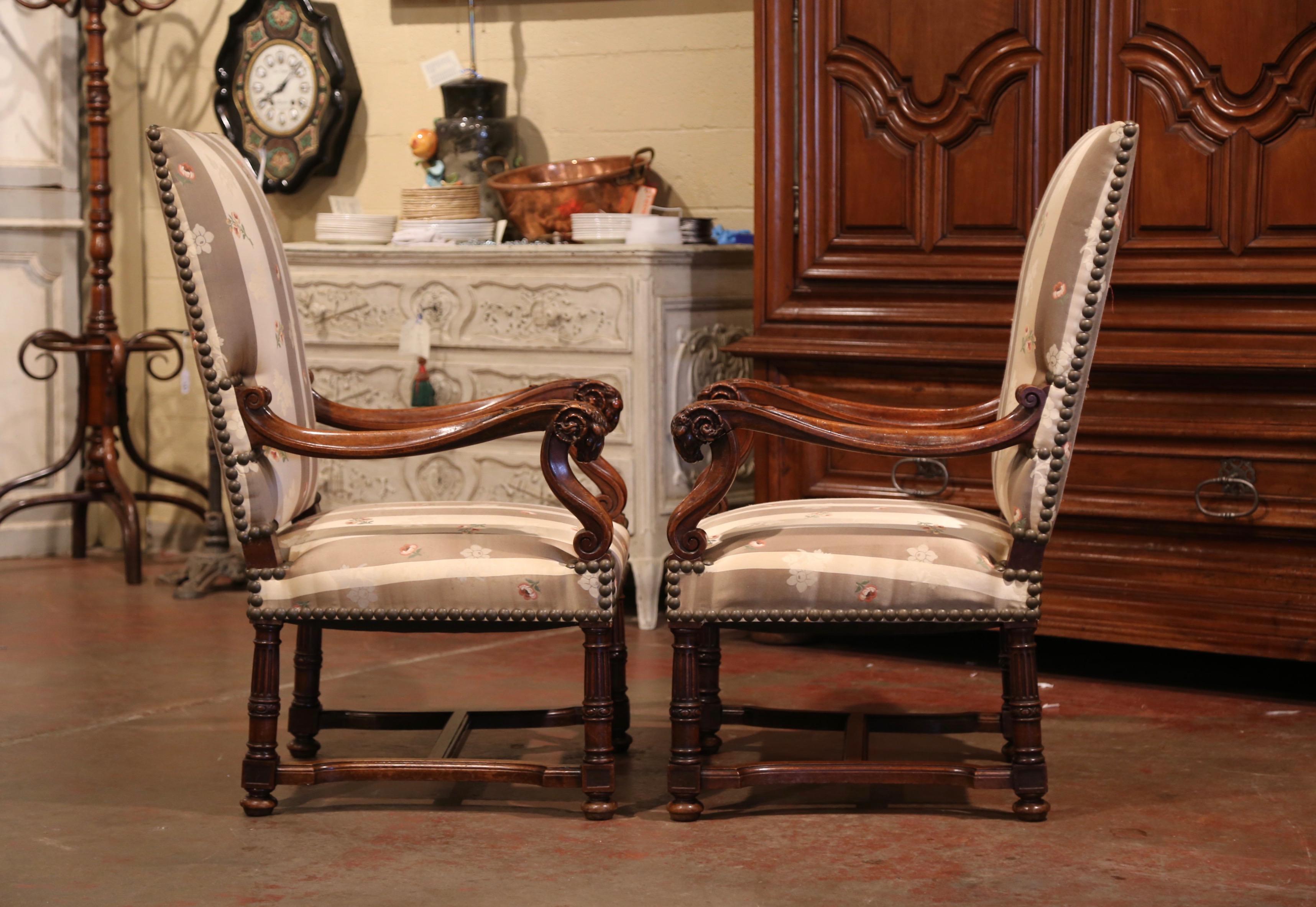Pair of 19th Century French Louis XIII Carved Walnut Armchairs with Ram Decor For Sale 3