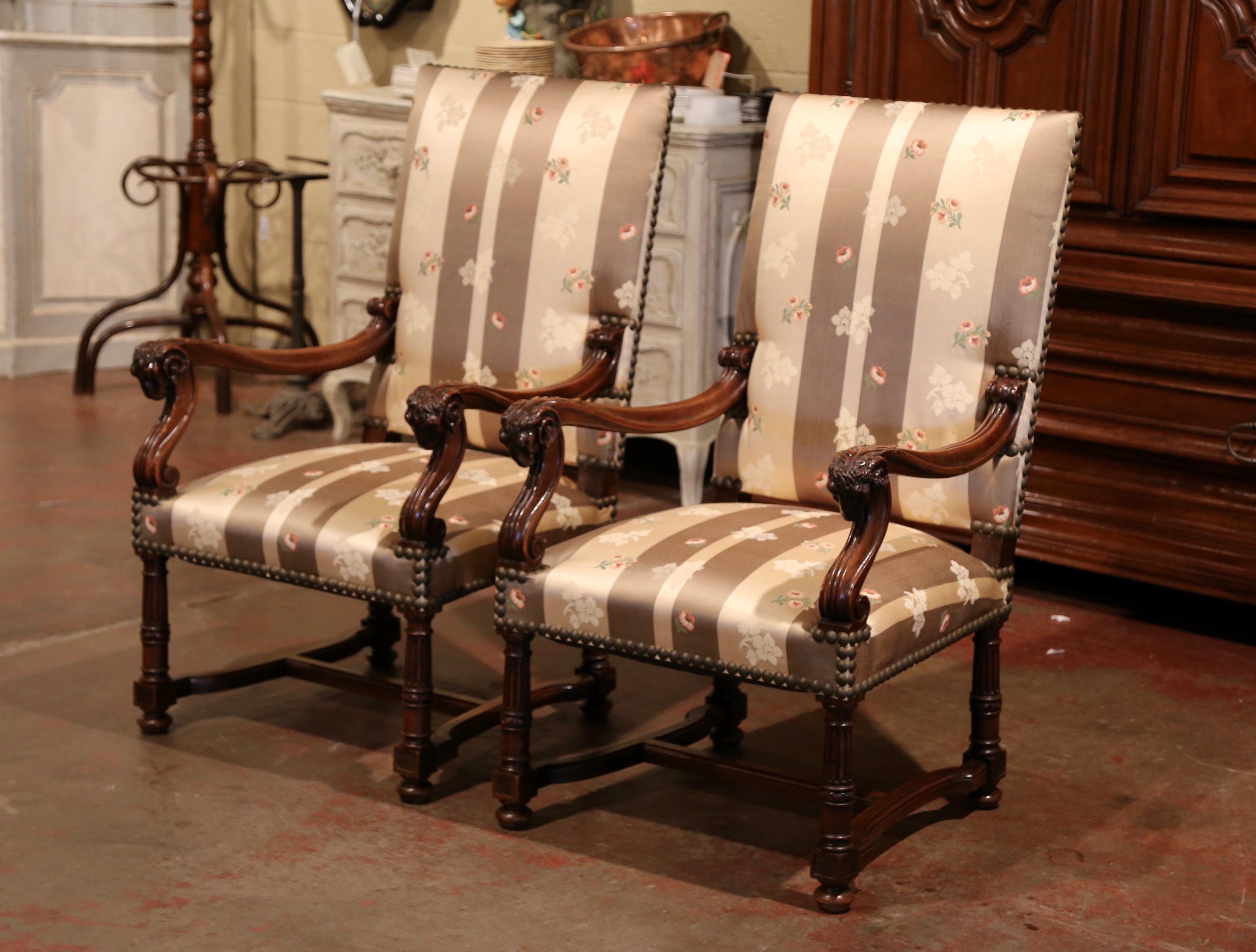Pair of 19th Century French Louis XIII Carved Walnut Armchairs with Ram Decor For Sale 4