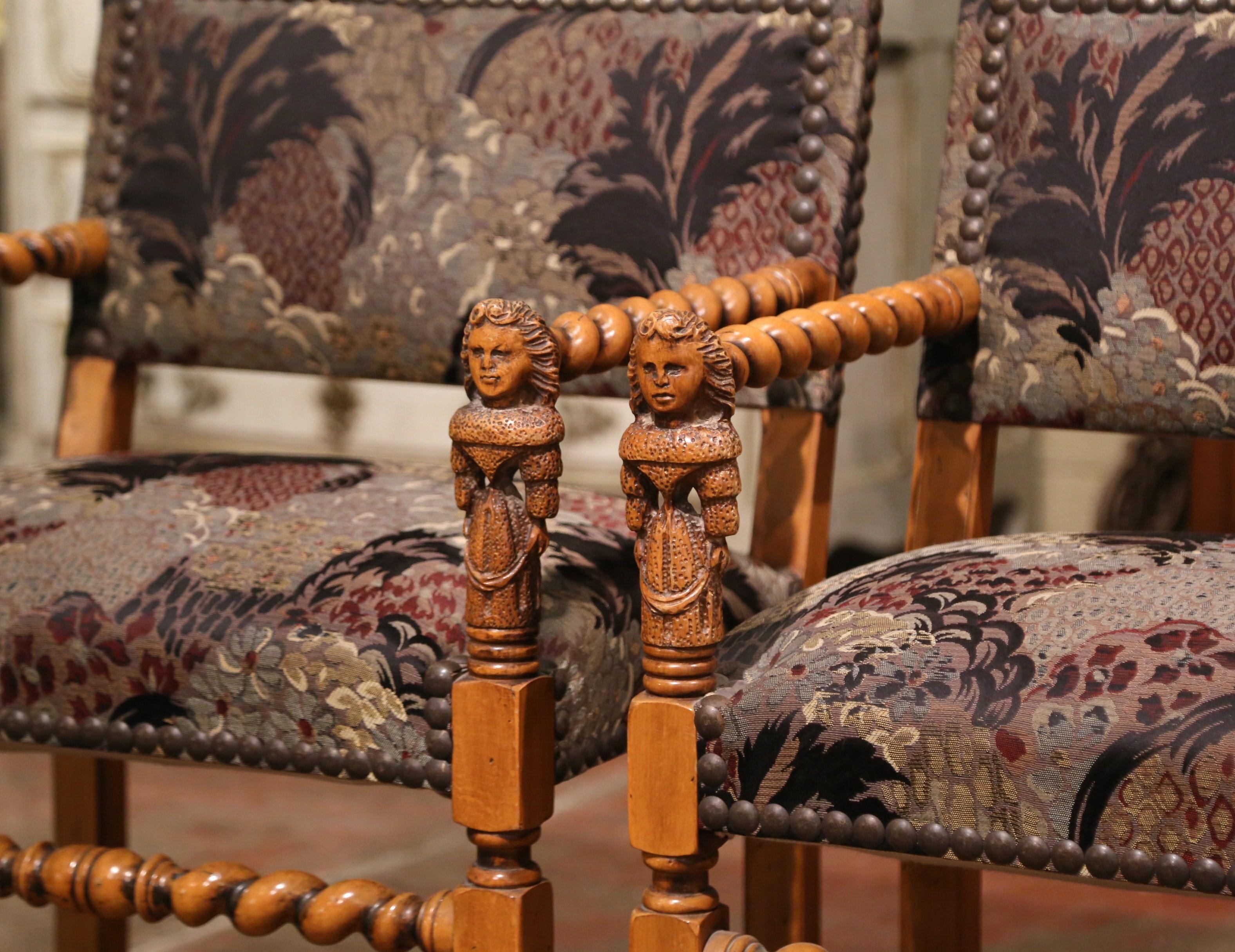 Hand-Carved Pair of 19th Century French Louis XIII Carved Walnut Barley Twist Armchairs