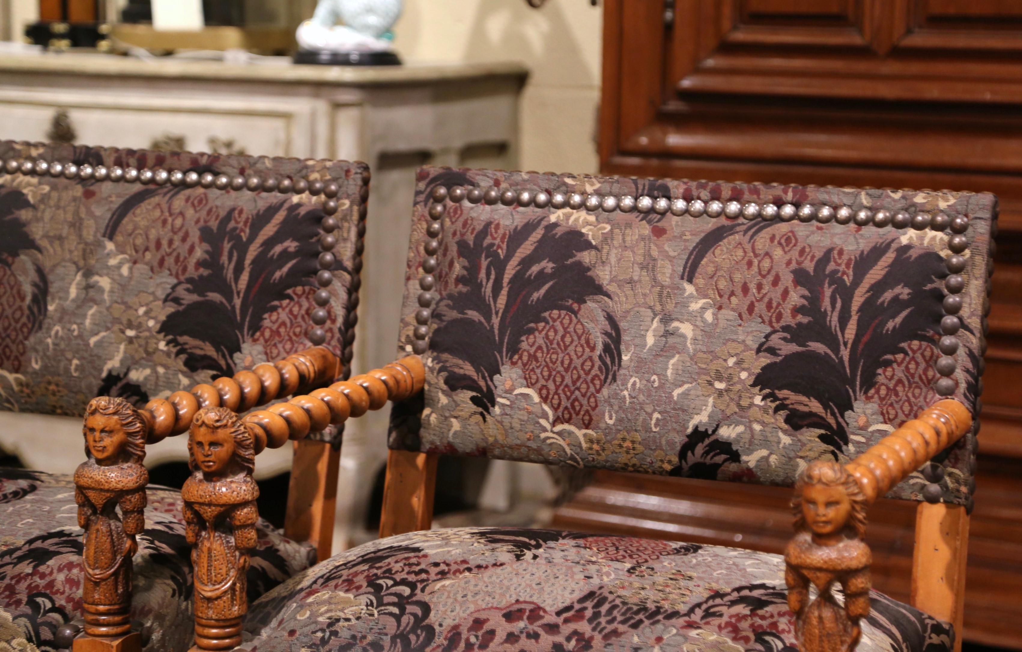 Pair of 19th Century French Louis XIII Carved Walnut Barley Twist Armchairs In Excellent Condition In Dallas, TX