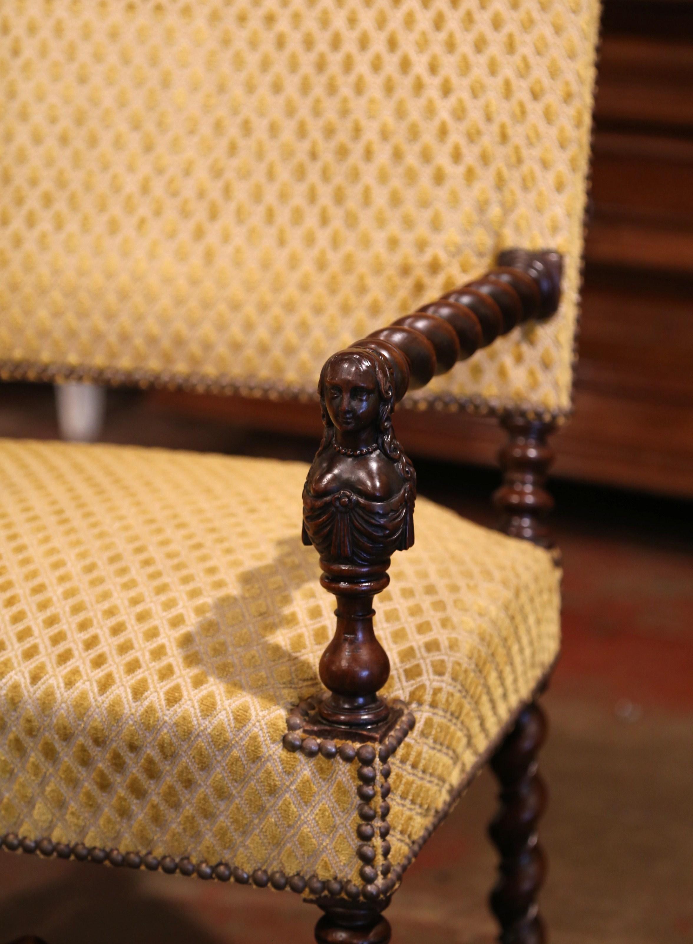 Pair of 19th Century French Louis XIII Carved Walnut Barley Twist Armchairs In Excellent Condition In Dallas, TX