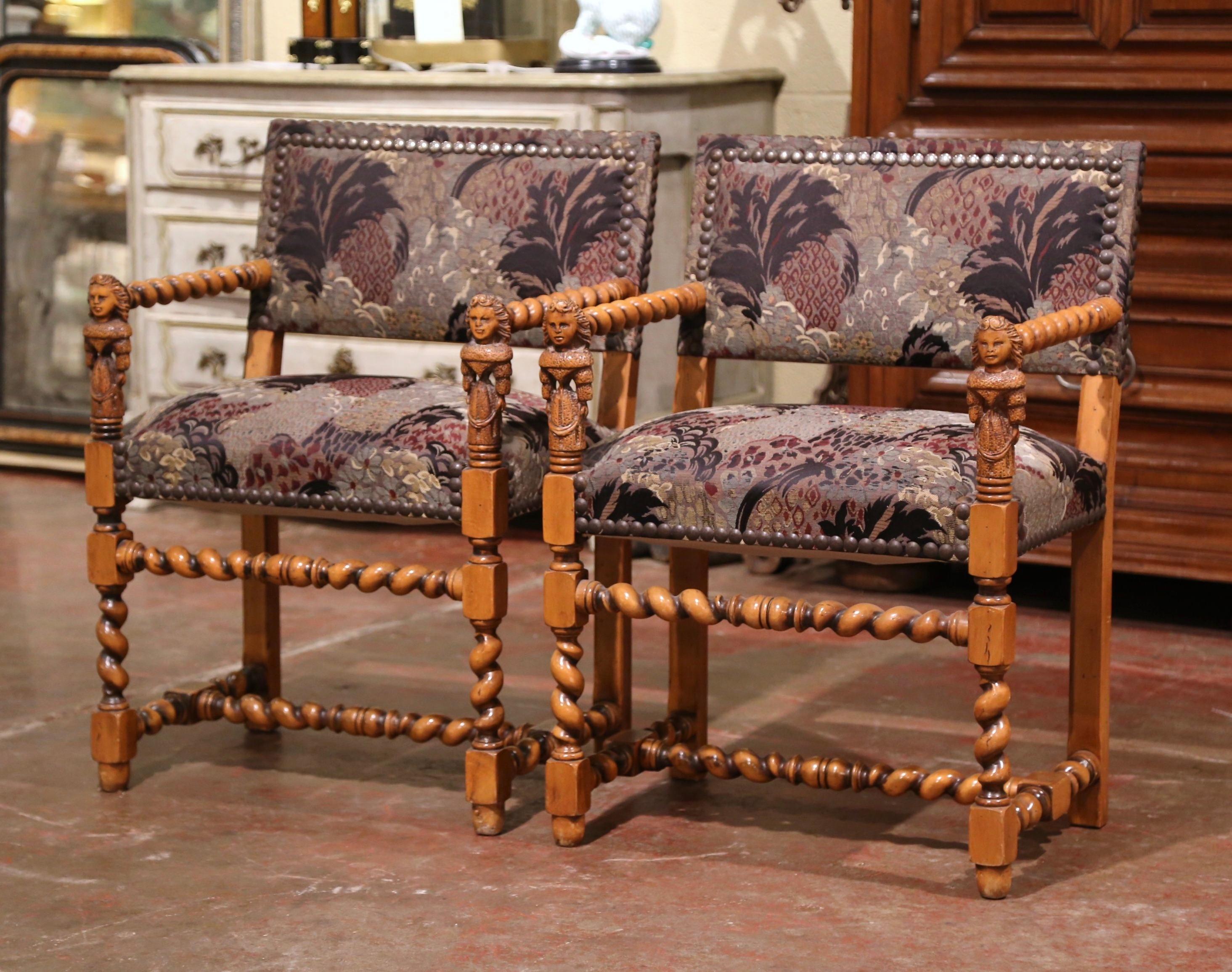 Fabric Pair of 19th Century French Louis XIII Carved Walnut Barley Twist Armchairs