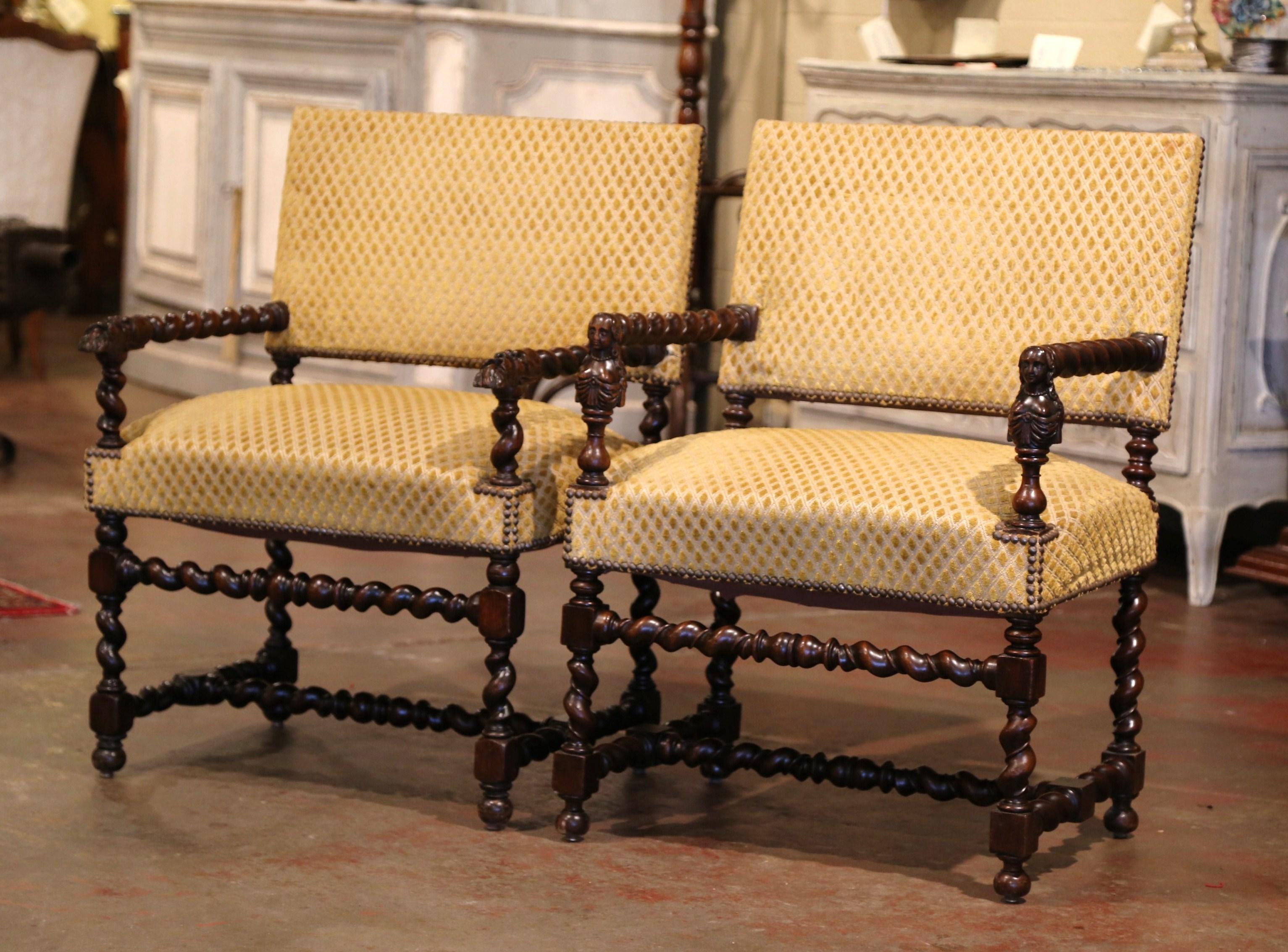 Pair of 19th Century French Louis XIII Carved Walnut Barley Twist Armchairs 1