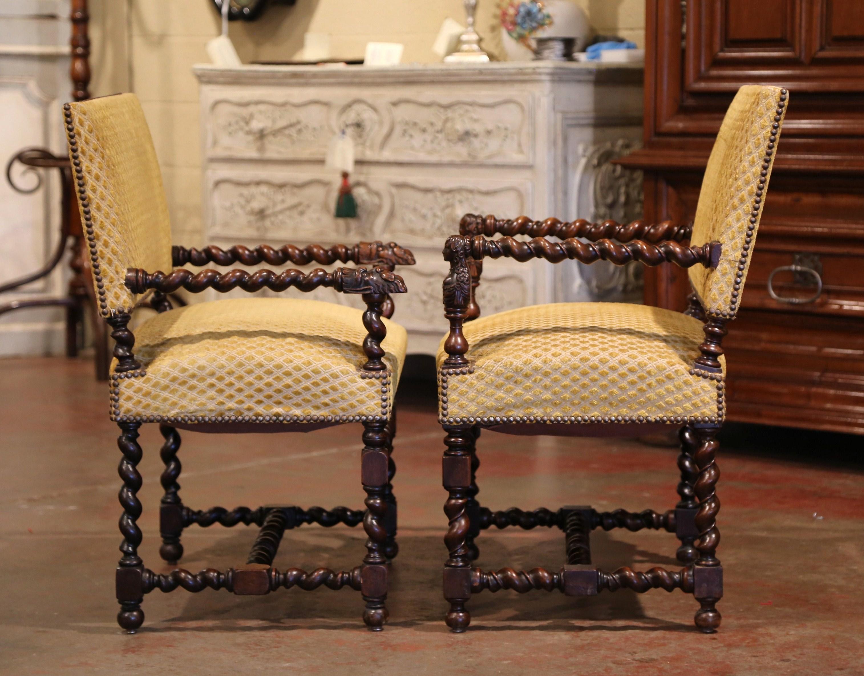 Pair of 19th Century French Louis XIII Carved Walnut Barley Twist Armchairs 2