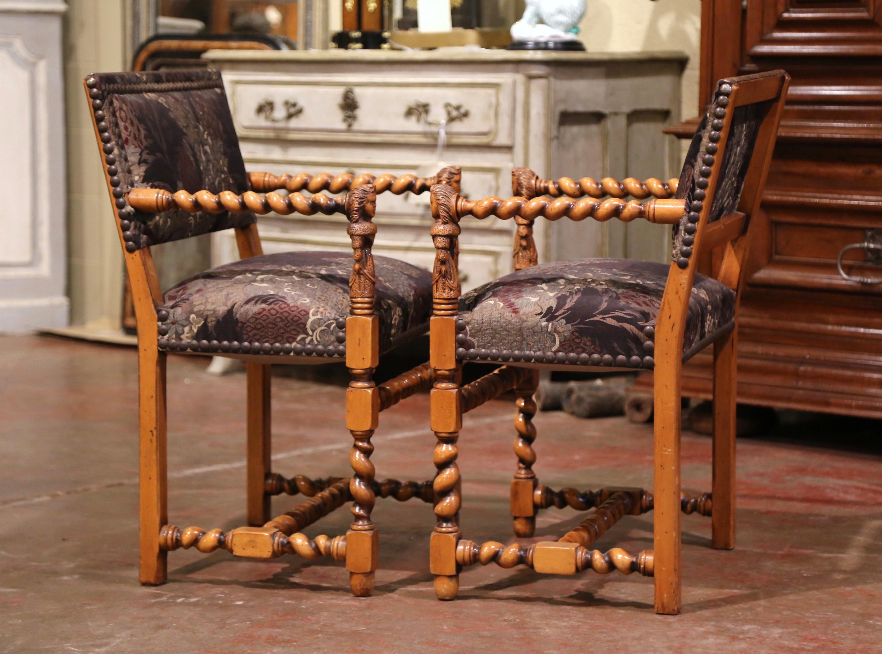 Pair of 19th Century French Louis XIII Carved Walnut Barley Twist Armchairs 4