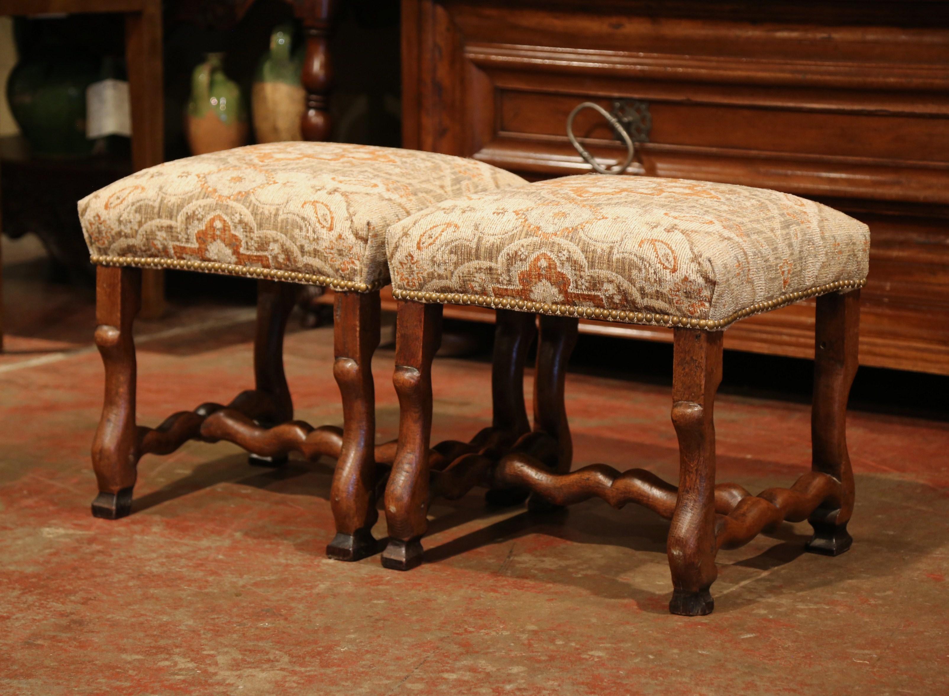 Velvet Pair of 19th Century French Louis XIII Carved Walnut Os De Mouton Stools