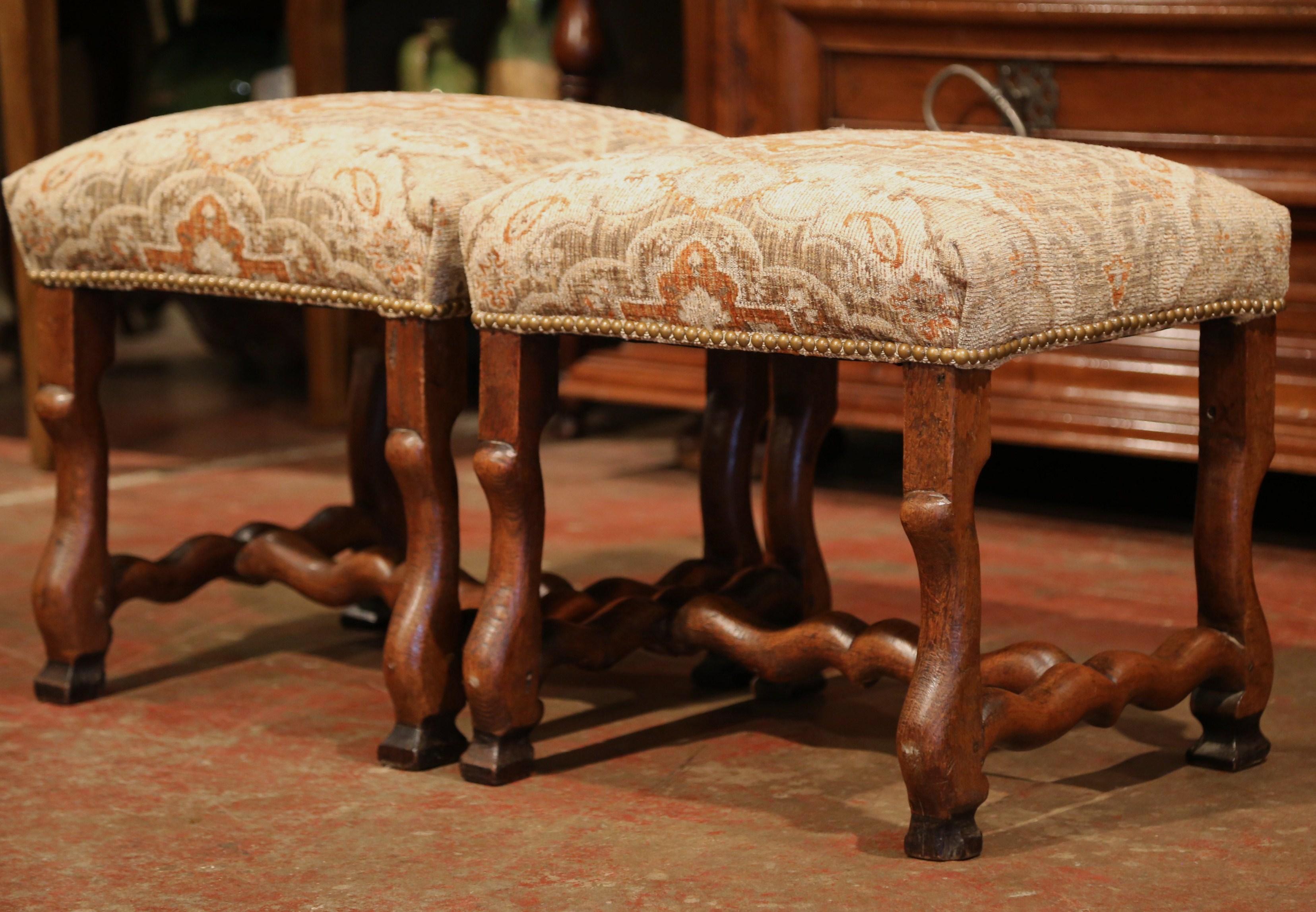 Pair of 19th Century French Louis XIII Carved Walnut Os De Mouton Stools 2
