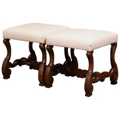 Pair of 19th Century French Louis XIII Carved Walnut Os De Mouton Stools