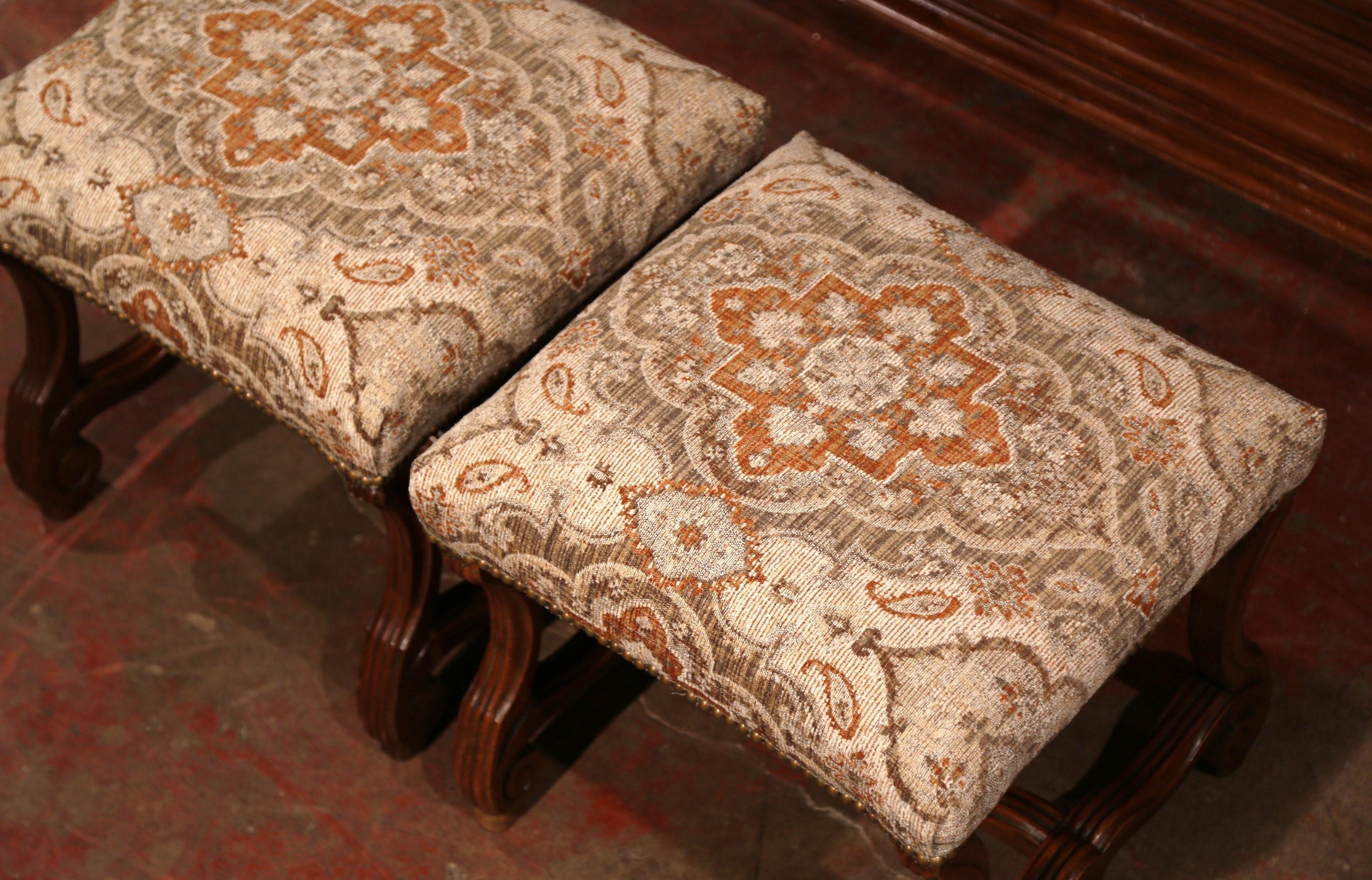 Hand-Carved Pair of 19th Century French Louis XIII Carved Walnut Stools with New Fabric