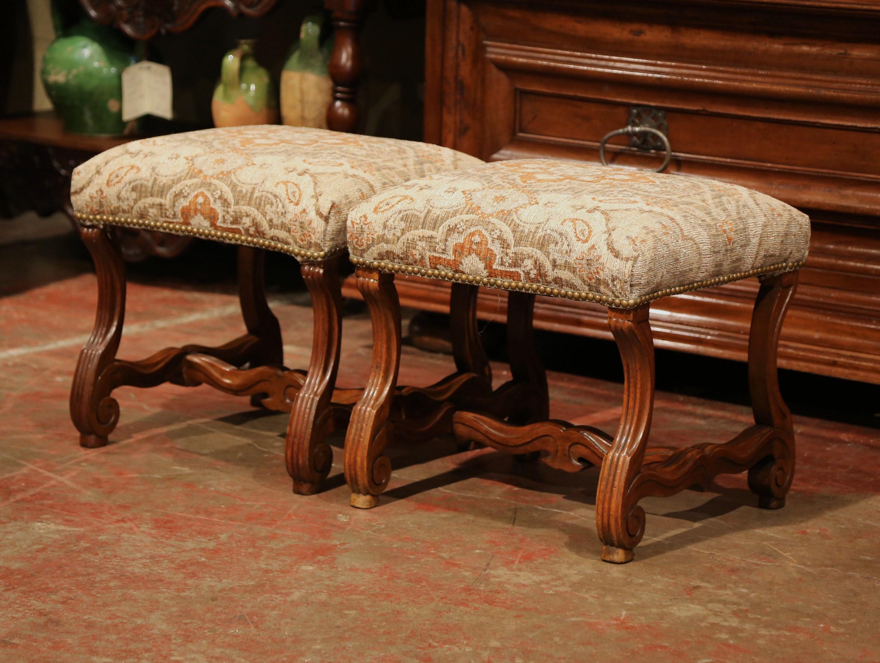 Pair of 19th Century French Louis XIII Carved Walnut Stools with New Fabric In Excellent Condition In Dallas, TX
