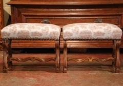Pair of 19th Century French Louis XIII Carved Walnut Stools with Toile de Jouy