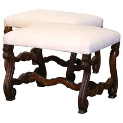 Pair of 19th Century French Louis XIII Carved Walnut Stools with White Muslin