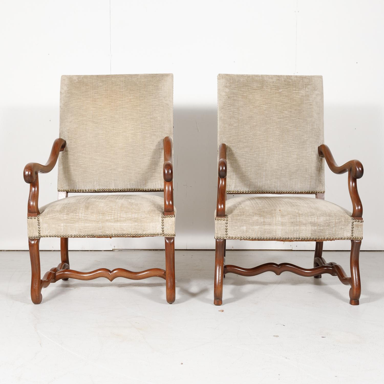 Upholstery Pair of French Louis XIII Style Os de Mouton Armchairs
