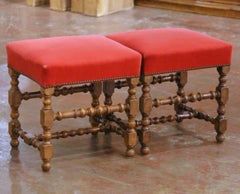 Pair of 19th Century French Louis XIII Style Walnut Upholstered Stools