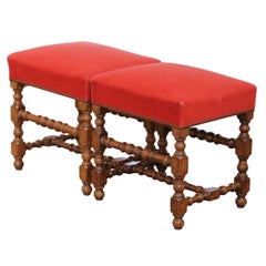 Pair of 19th Century French Louis XIII Style Walnut Upholstered Stools