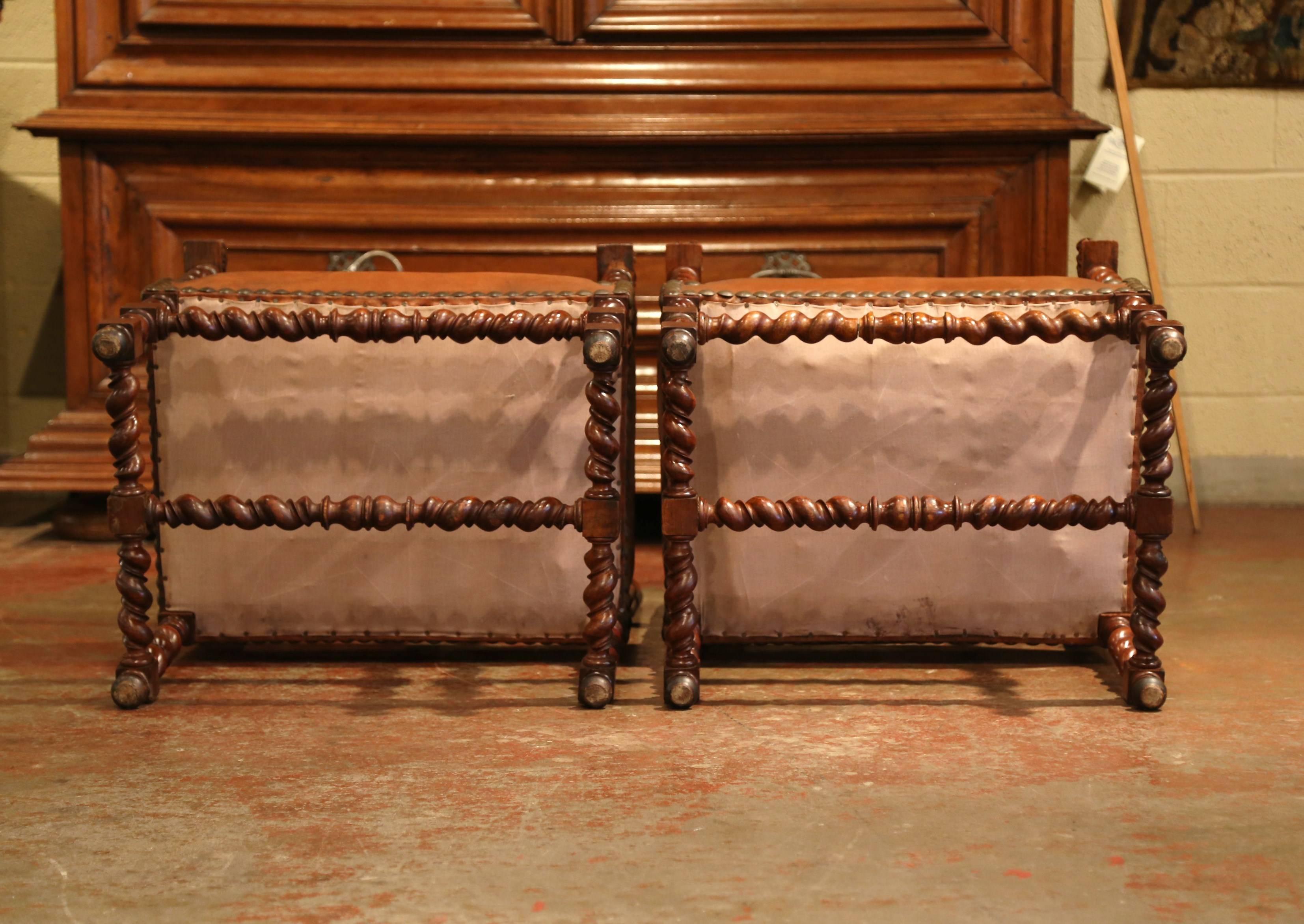 Pair of 19th Century French Louis XIII Walnut and Leather Barley Twist Armchairs 6