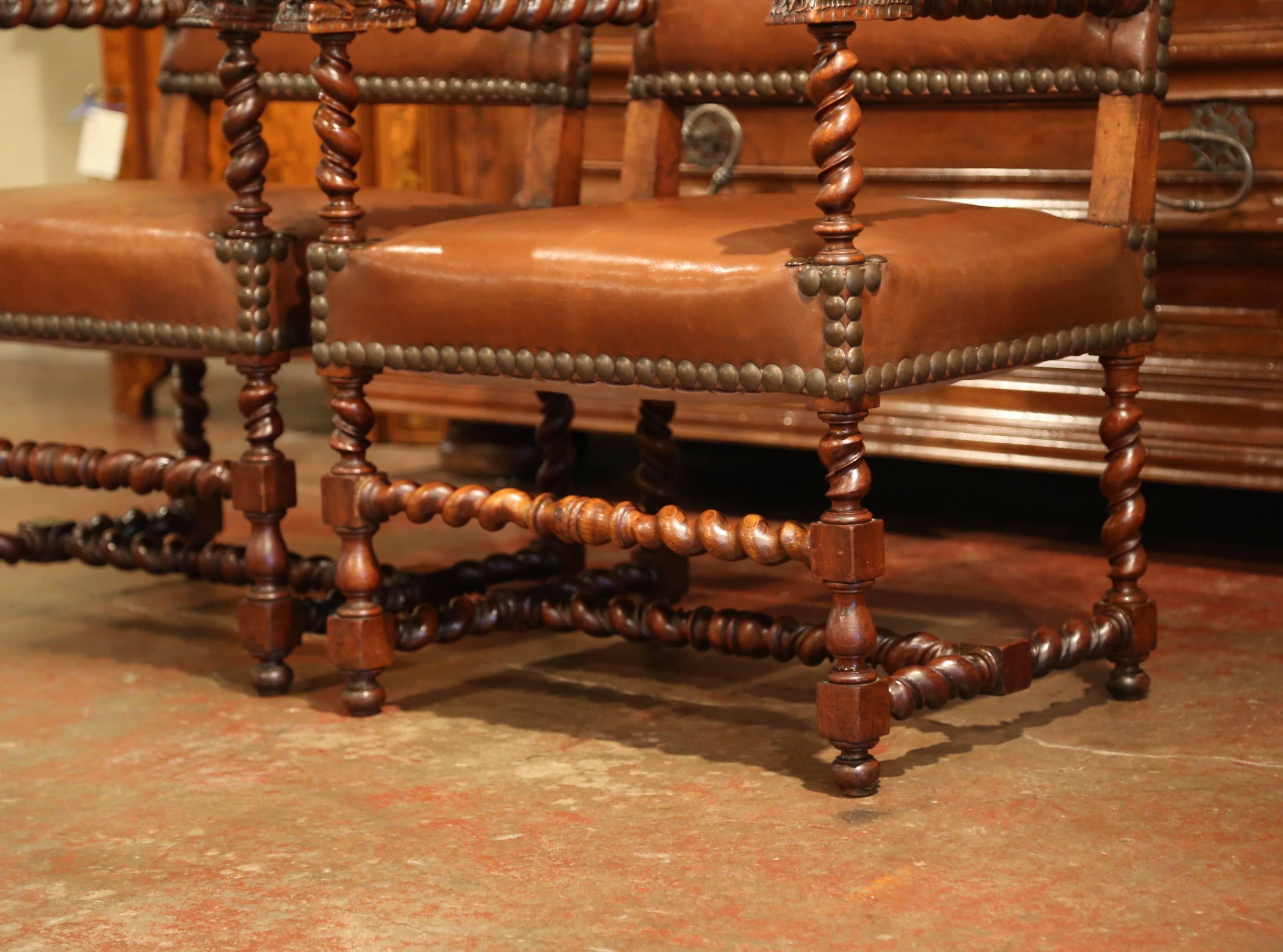 Pair of 19th Century French Louis XIII Walnut and Leather Barley Twist Armchairs In Excellent Condition In Dallas, TX