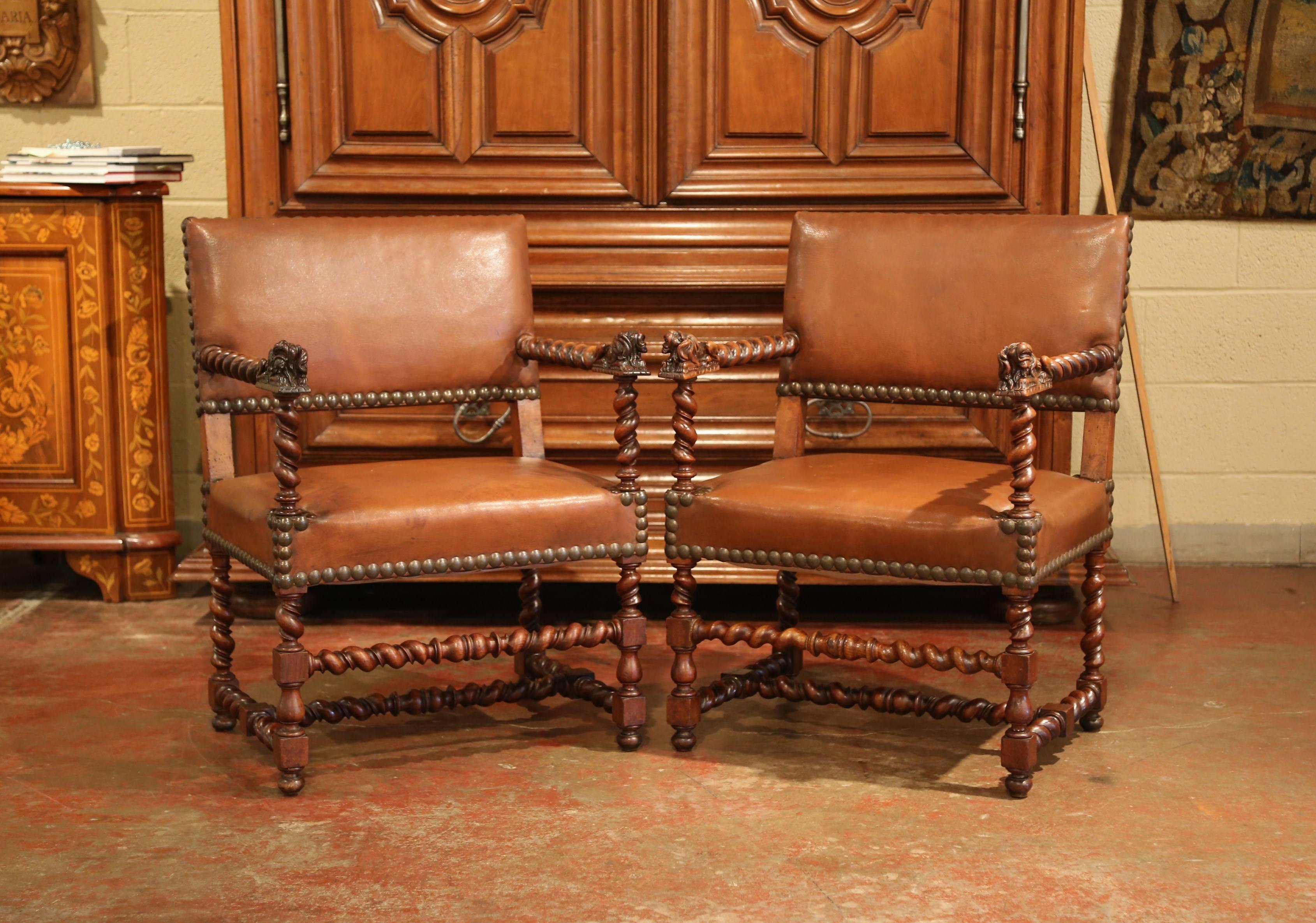 Pair of 19th Century French Louis XIII Walnut and Leather Barley Twist Armchairs 1