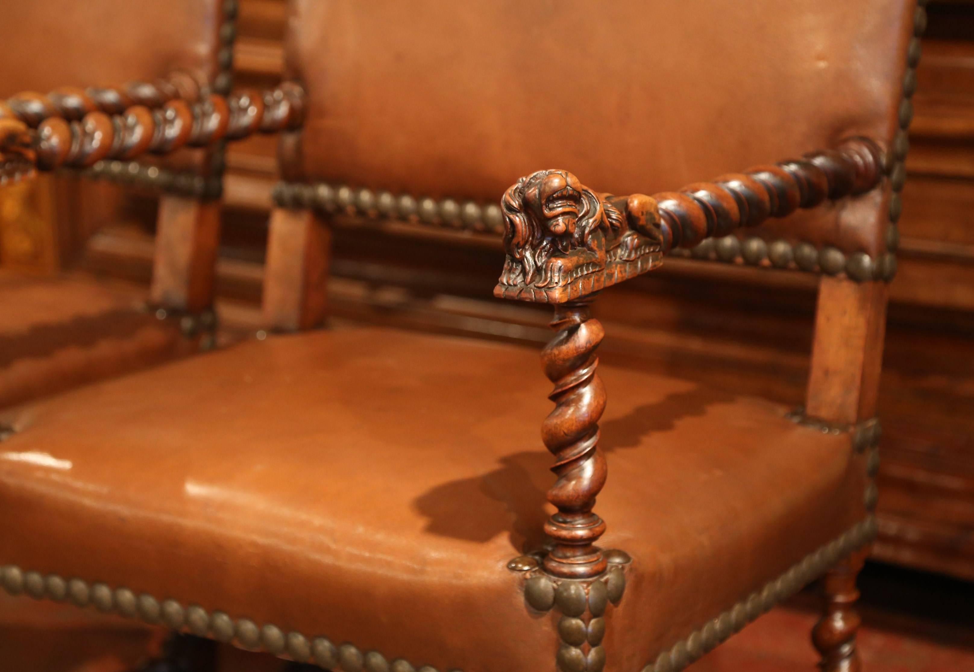 Pair of 19th Century French Louis XIII Walnut and Leather Barley Twist Armchairs 4
