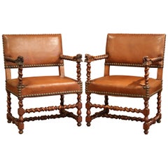 Pair of 19th Century French Louis XIII Walnut and Leather Barley Twist Armchairs
