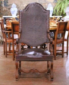 Pair of 19th Century French Louis XIII Walnut Armchairs with Embossed Leather