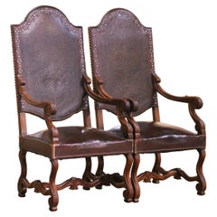 Pair of 19th Century French Louis XIII Walnut Armchairs with Embossed Leather