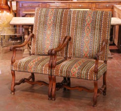 Pair of 19th Century French Louis XIII Walnut Armchairs with Stripe Motifs