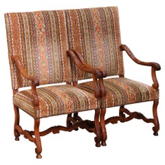 Pair of 19th Century French Louis XIII Walnut Armchairs with Stripe Motifs