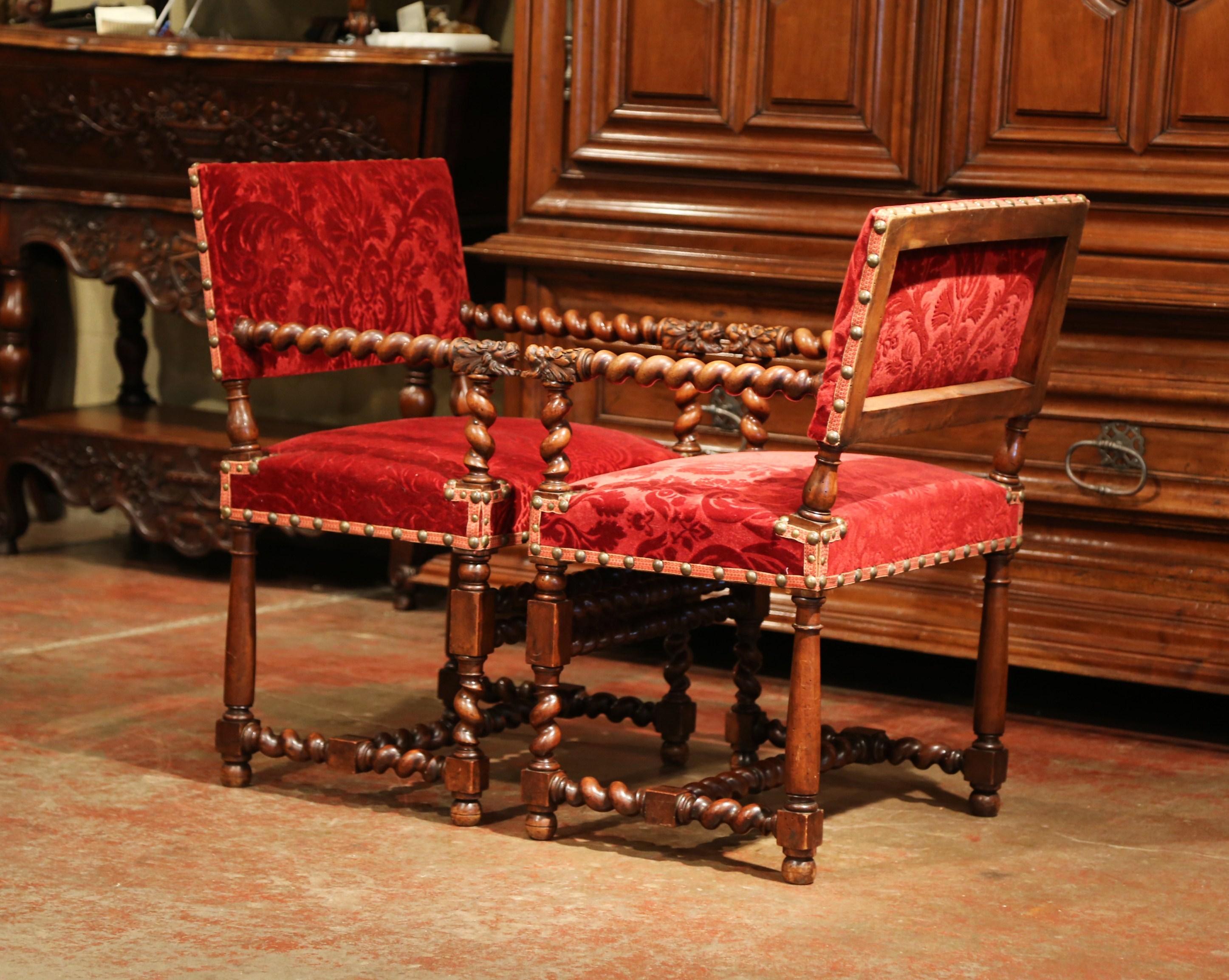 Pair of 19th Century French Louis XIII Walnut Barley Twist Armchairs with Velvet 6