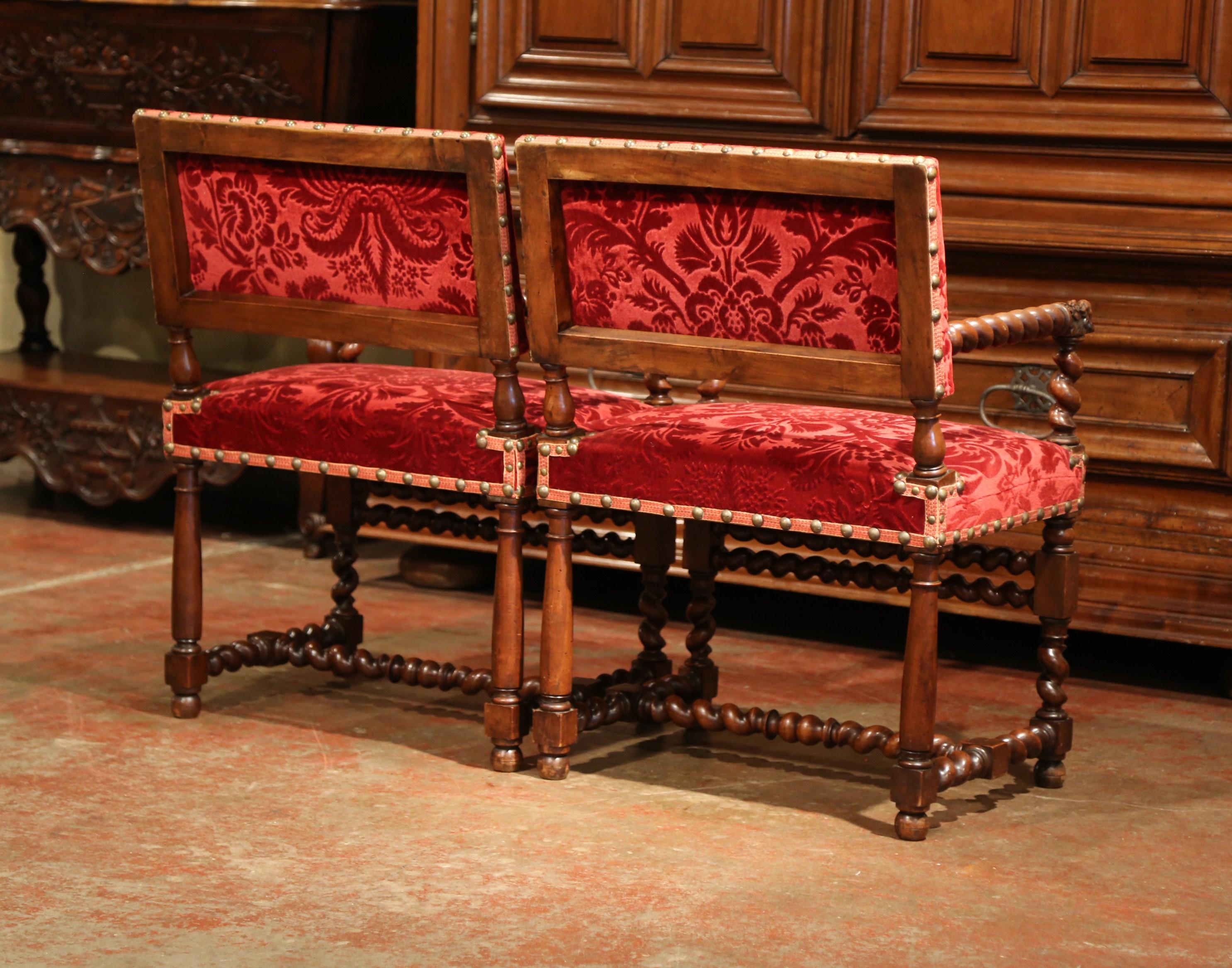 Pair of 19th Century French Louis XIII Walnut Barley Twist Armchairs with Velvet 7