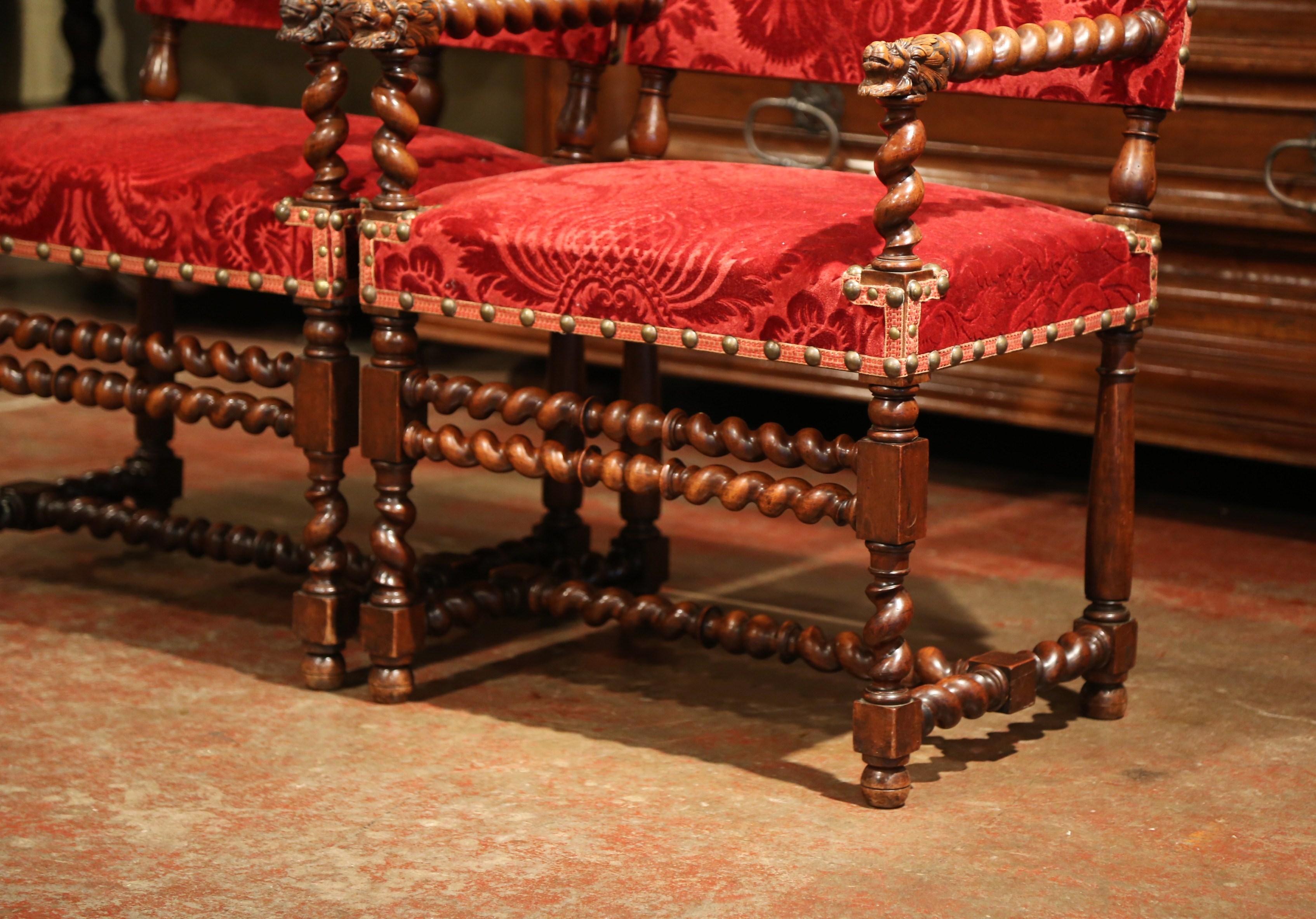 Hand-Carved Pair of 19th Century French Louis XIII Walnut Barley Twist Armchairs with Velvet