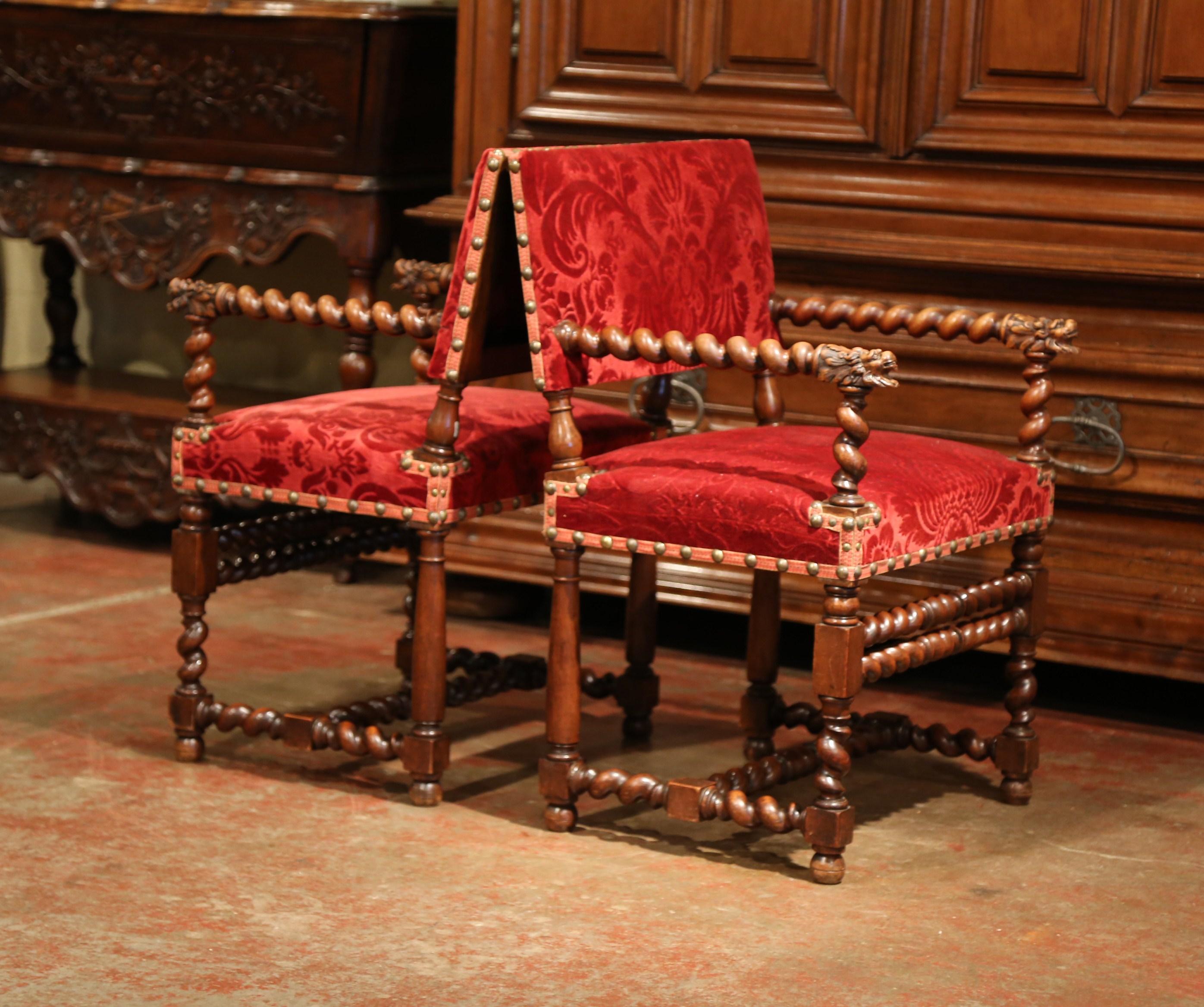 Pair of 19th Century French Louis XIII Walnut Barley Twist Armchairs with Velvet 1