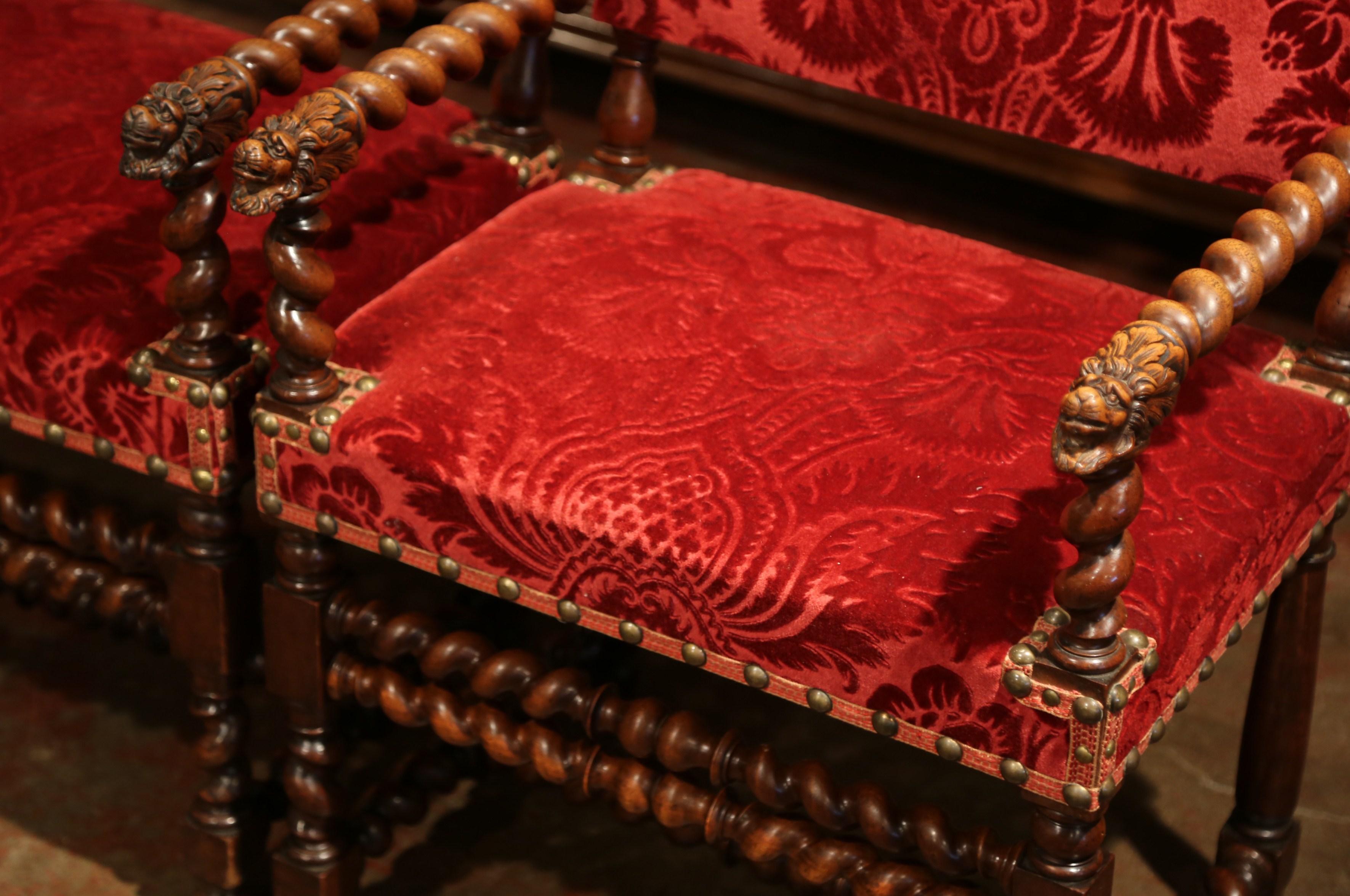 Pair of 19th Century French Louis XIII Walnut Barley Twist Armchairs with Velvet 2