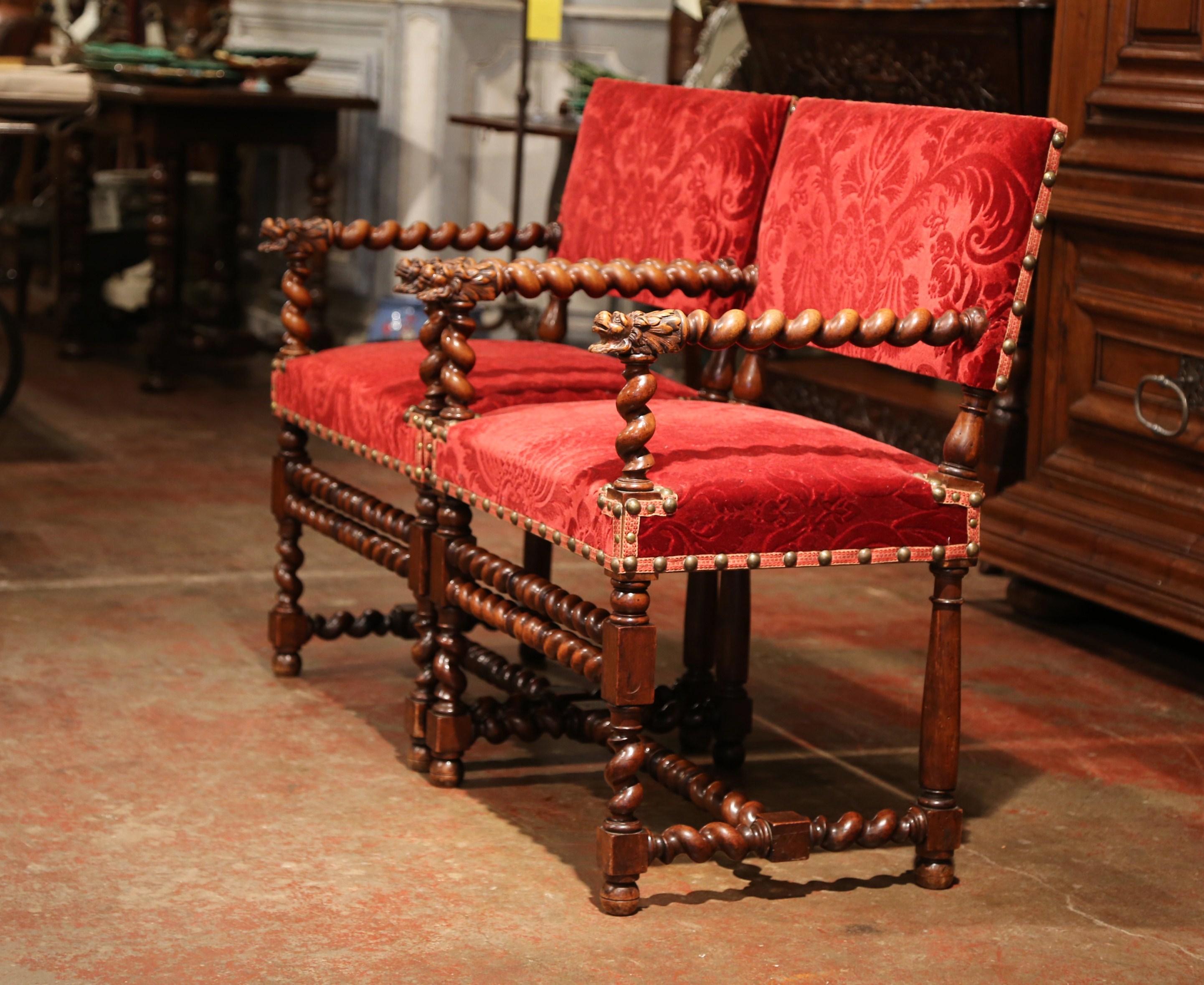 Pair of 19th Century French Louis XIII Walnut Barley Twist Armchairs with Velvet 4