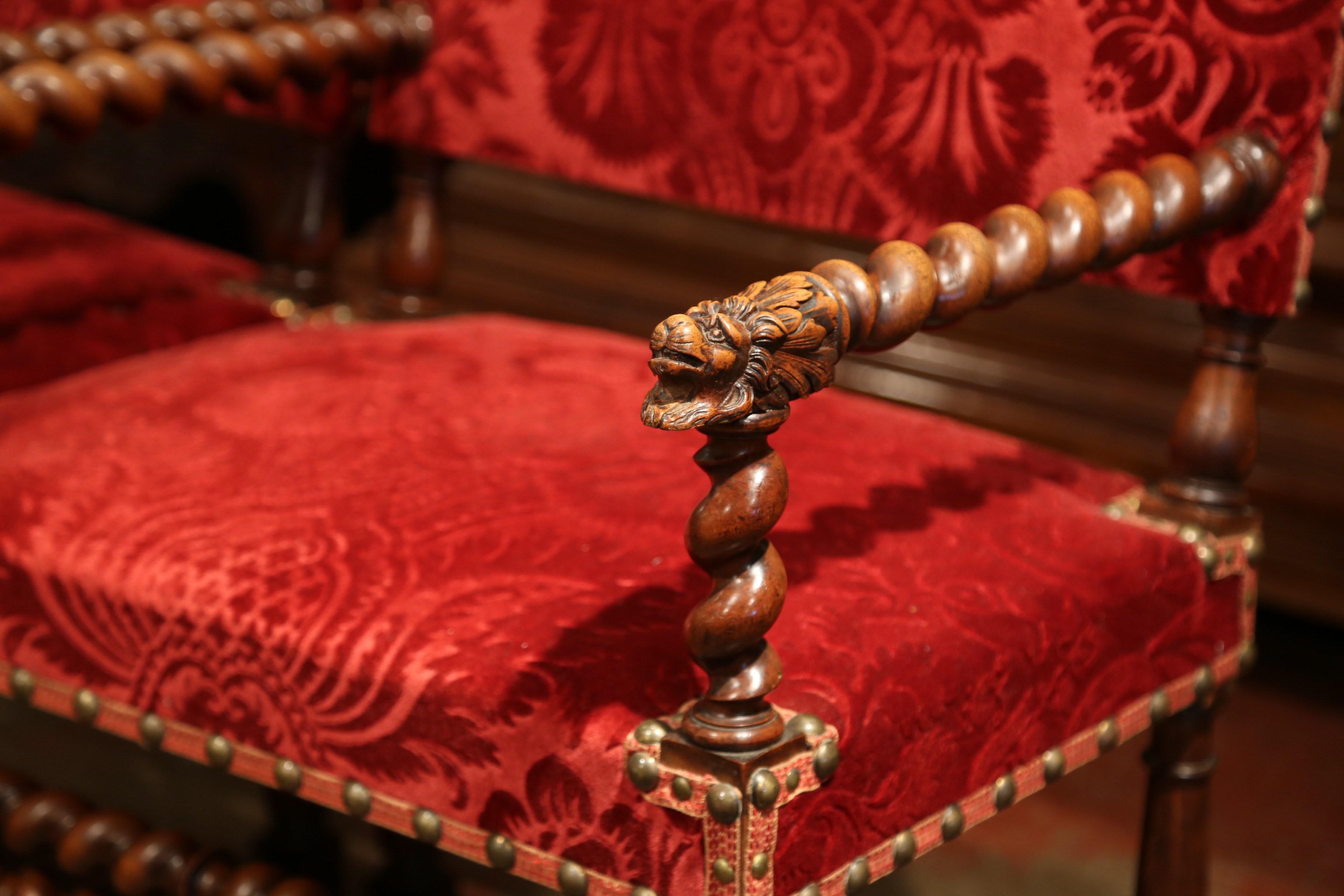 Pair of 19th Century French Louis XIII Walnut Barley Twist Armchairs with Velvet 5