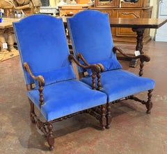 Pair of 19th Century French Louis XIII Walnut High-Back Armchairs with Velvet