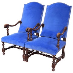 Pair of 19th Century French Louis XIII Walnut High-Back Armchairs with Velvet