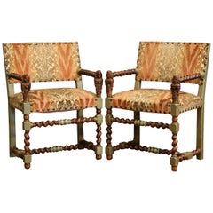 Pair of 19th Century French Louis XIII Walnut Painted Barley Twist Armchairs