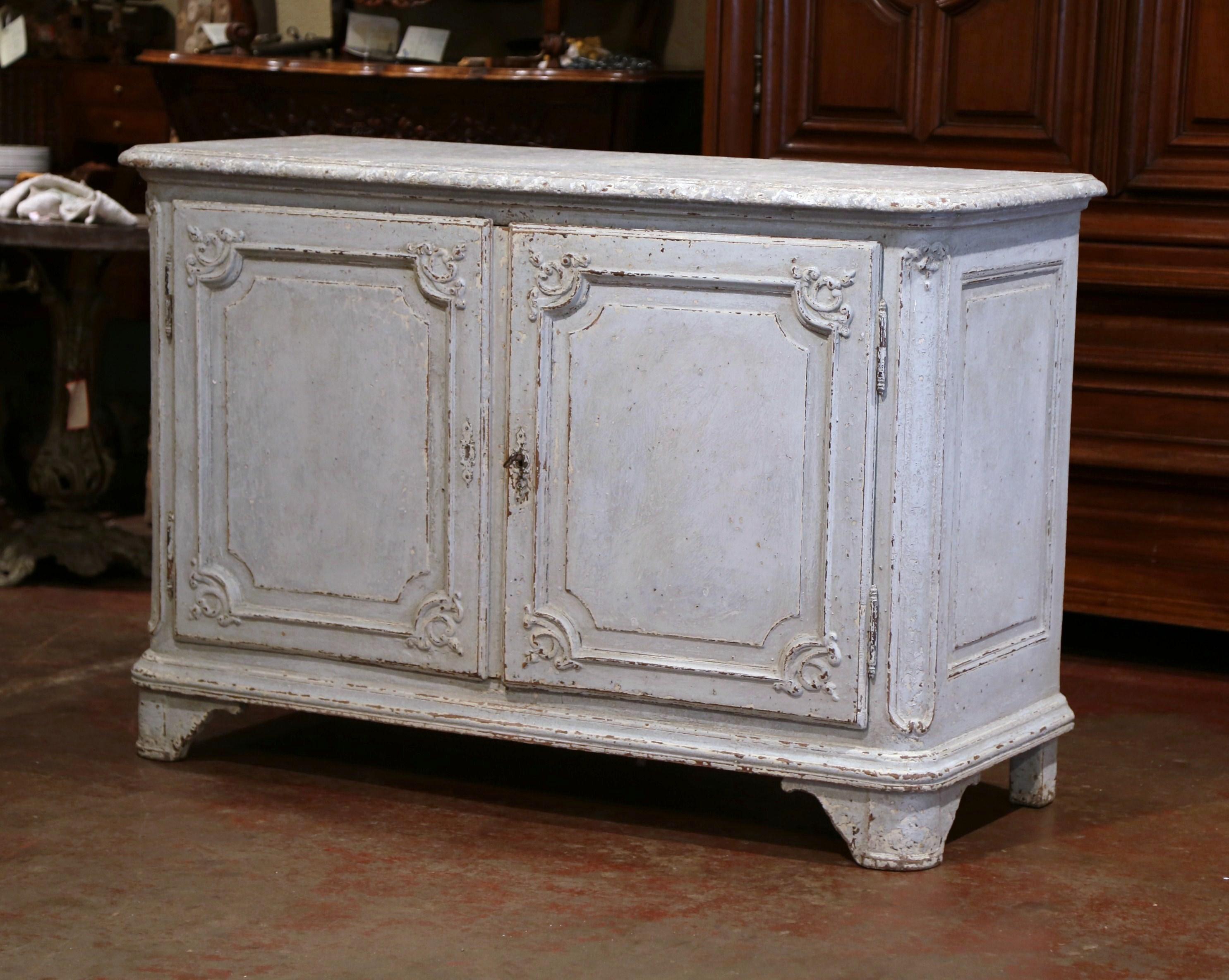 Pair of 19th Century French Louis XIV Bombe Painted Buffets with Faux Marble Top In Excellent Condition In Dallas, TX
