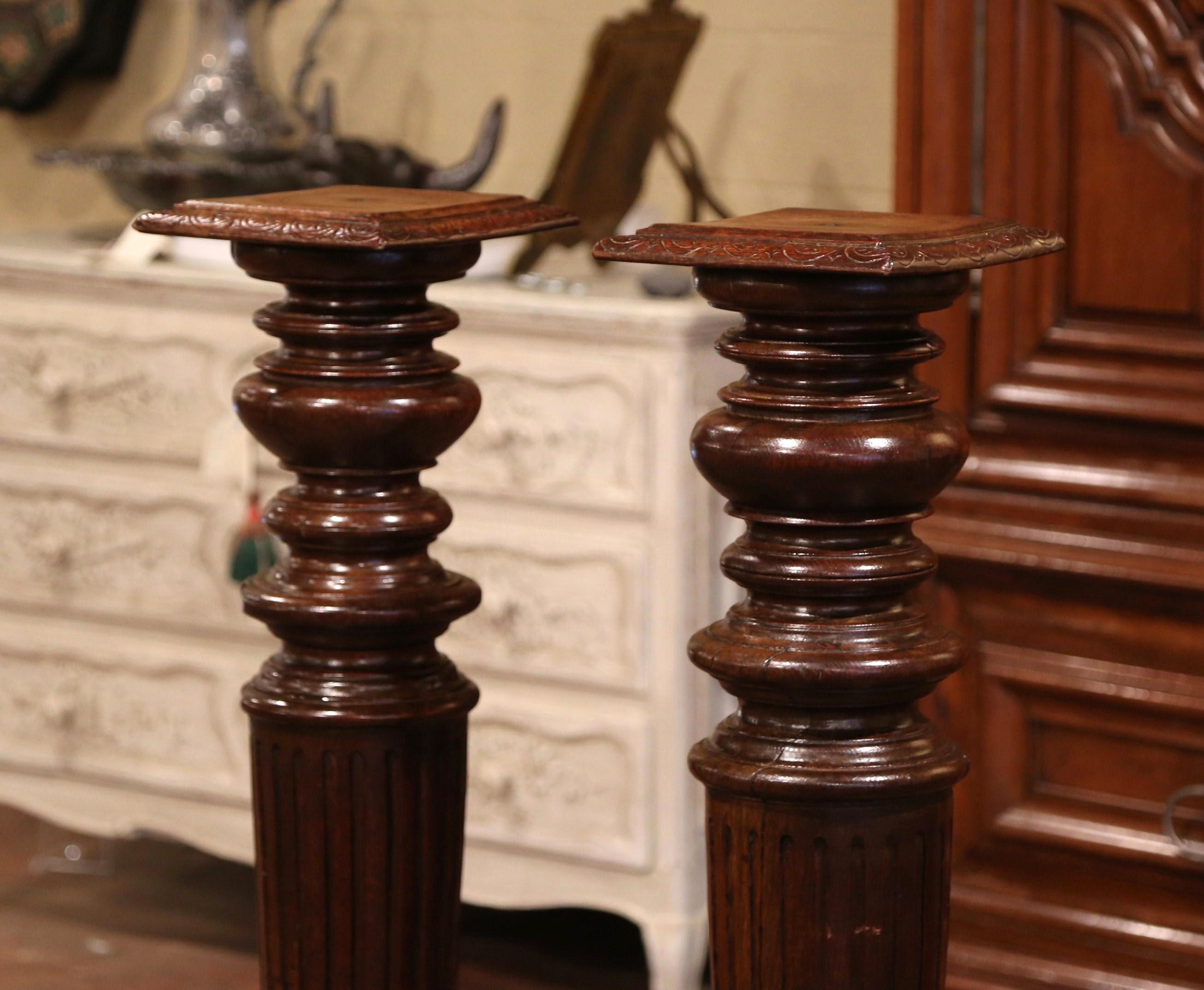Patinated Pair of 19th Century French Louis XIV Carved Oak Column Pedestal Tables