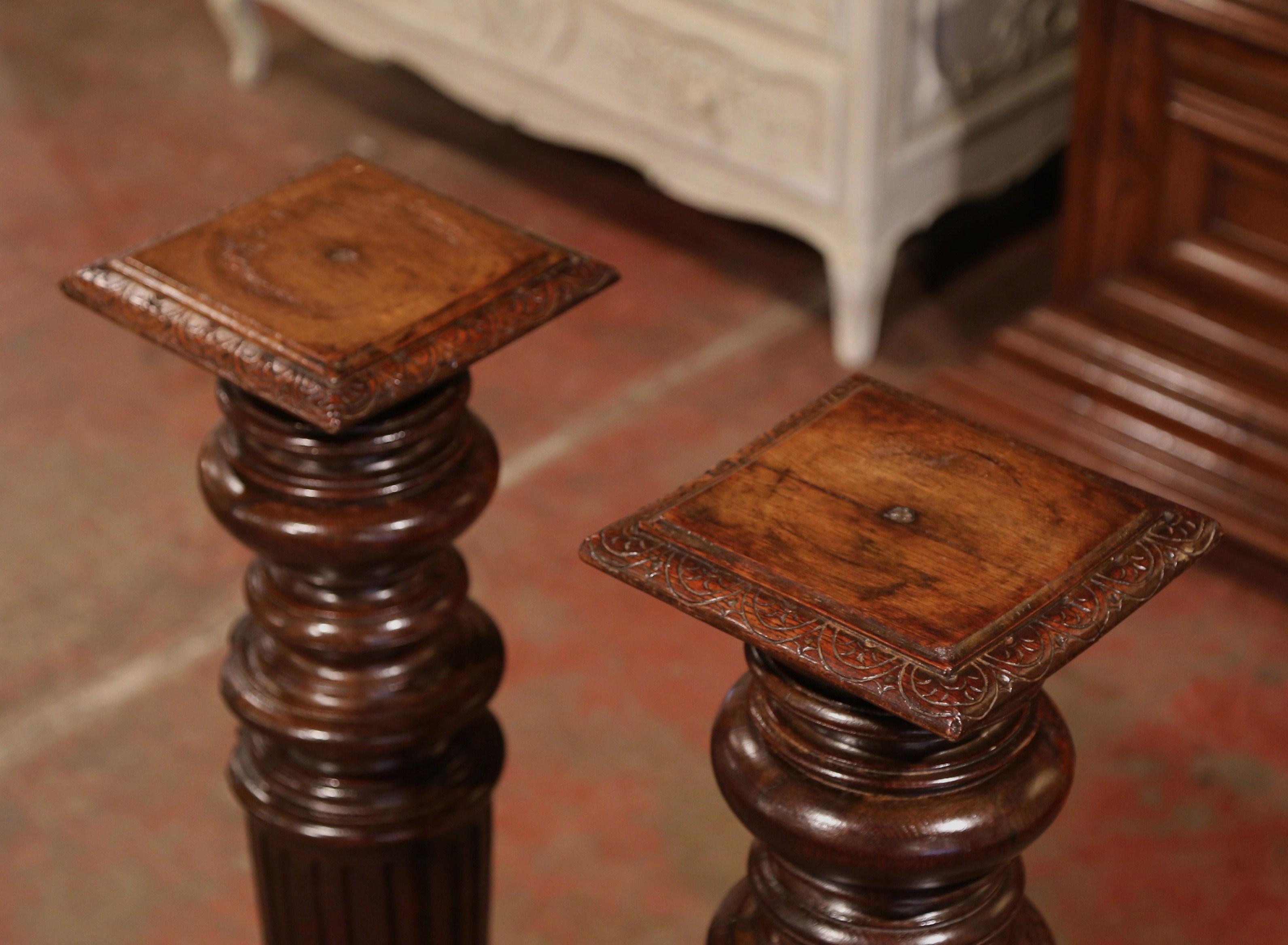 Pair of 19th Century French Louis XIV Carved Oak Column Pedestal Tables 1