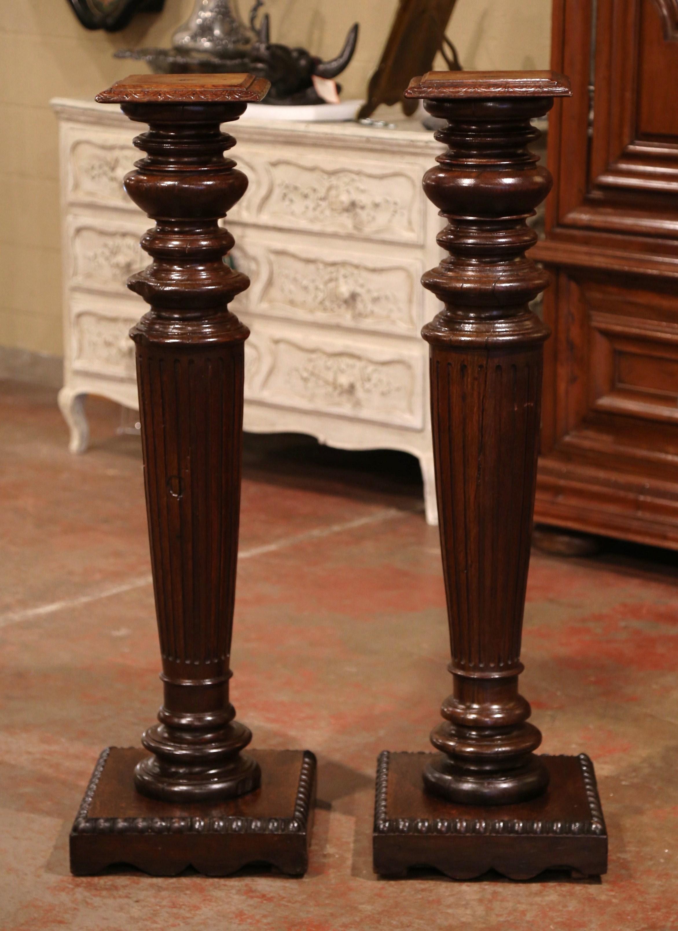 Pair of 19th Century French Louis XIV Carved Oak Column Pedestal Tables 3