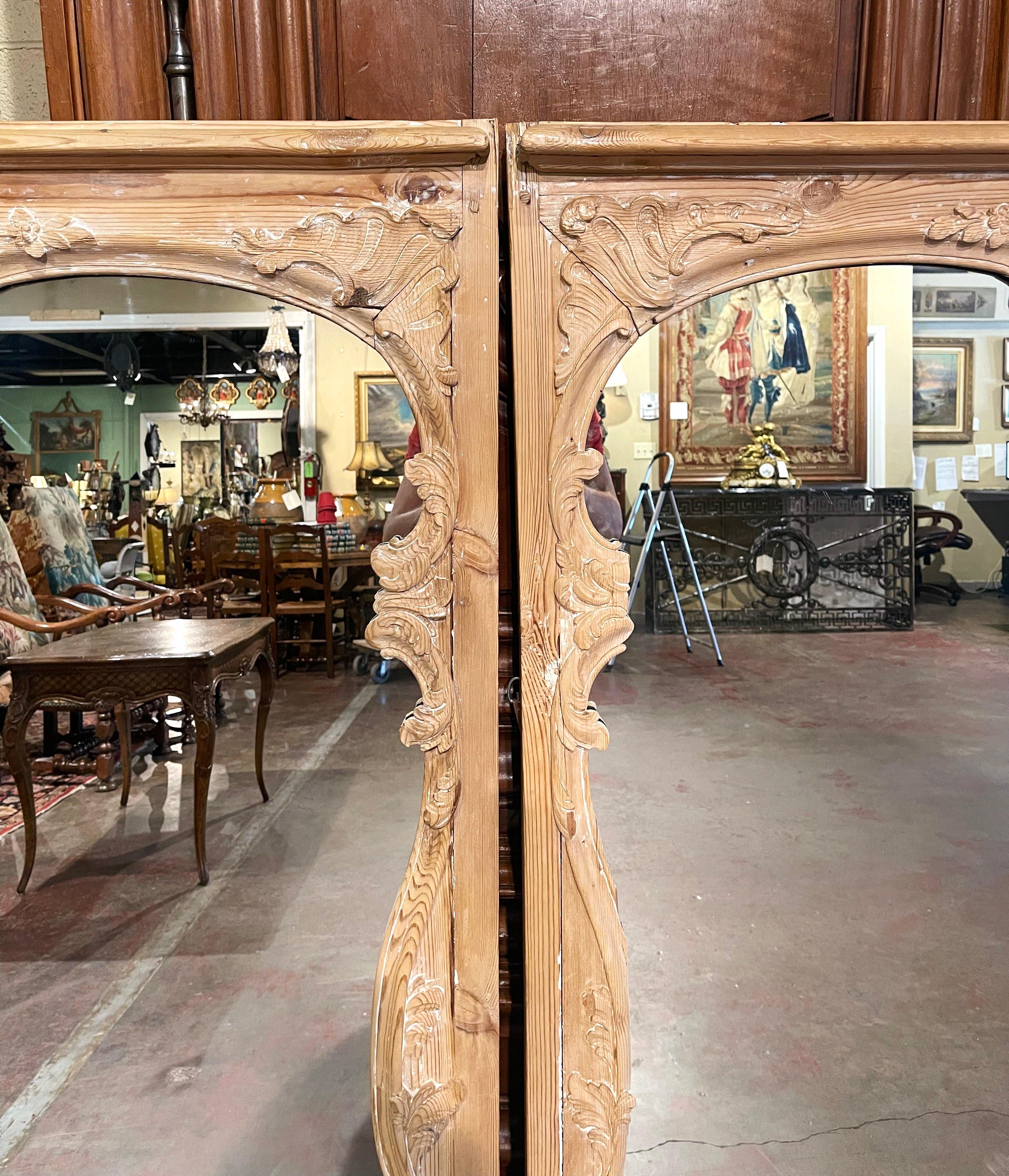 Glass Pair of 19th Century French Louis XIV Rococo Carved Pine Wall Mirrors For Sale