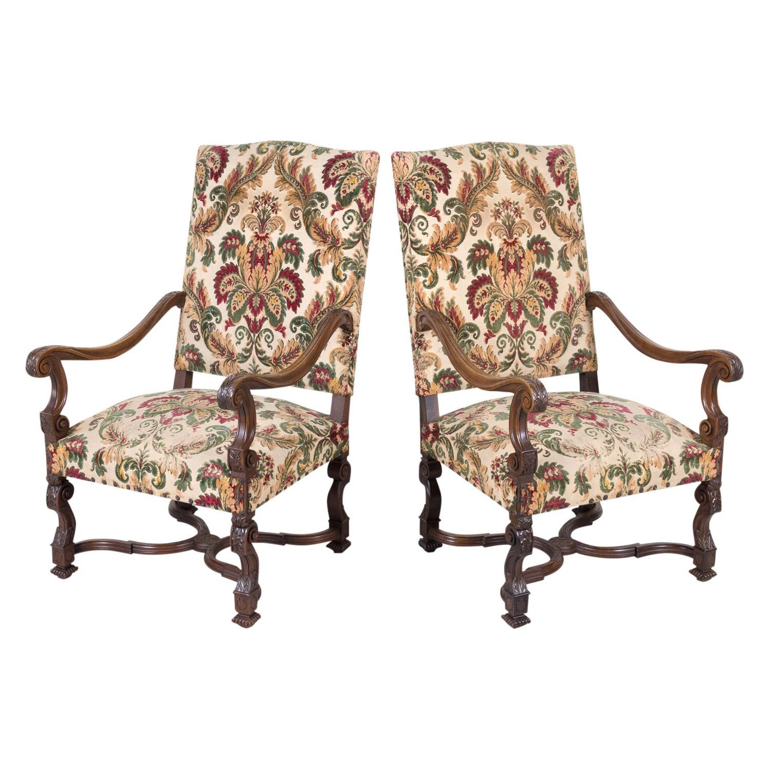 Pair of 19th Century French Louis XIV Style Carved Walnut Fauteuils For Sale