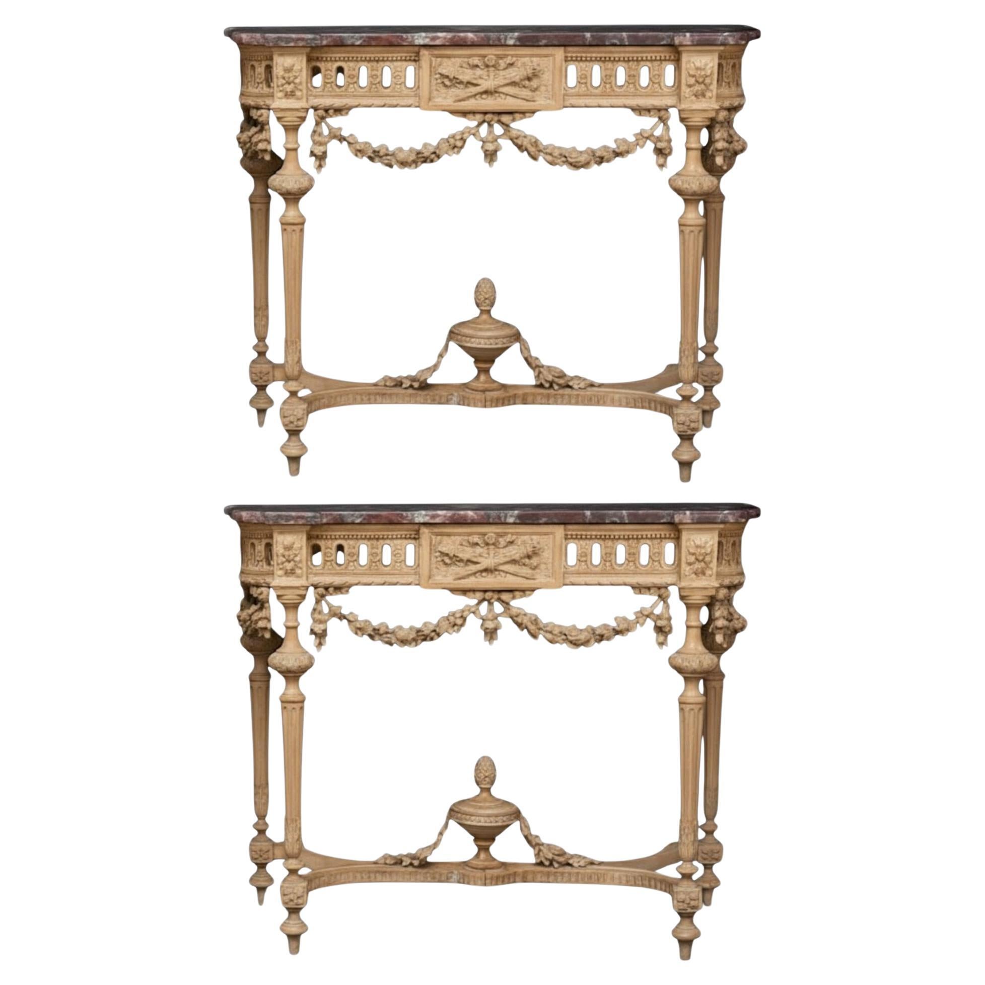 Pair of 19th Century French Louis XIV Style Console Tables with Marble Tops. For Sale