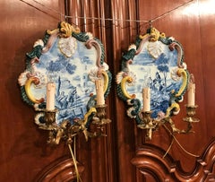 Pair of 19th Century French Louis XV Bronze and Painted Ceramic Wall Sconces