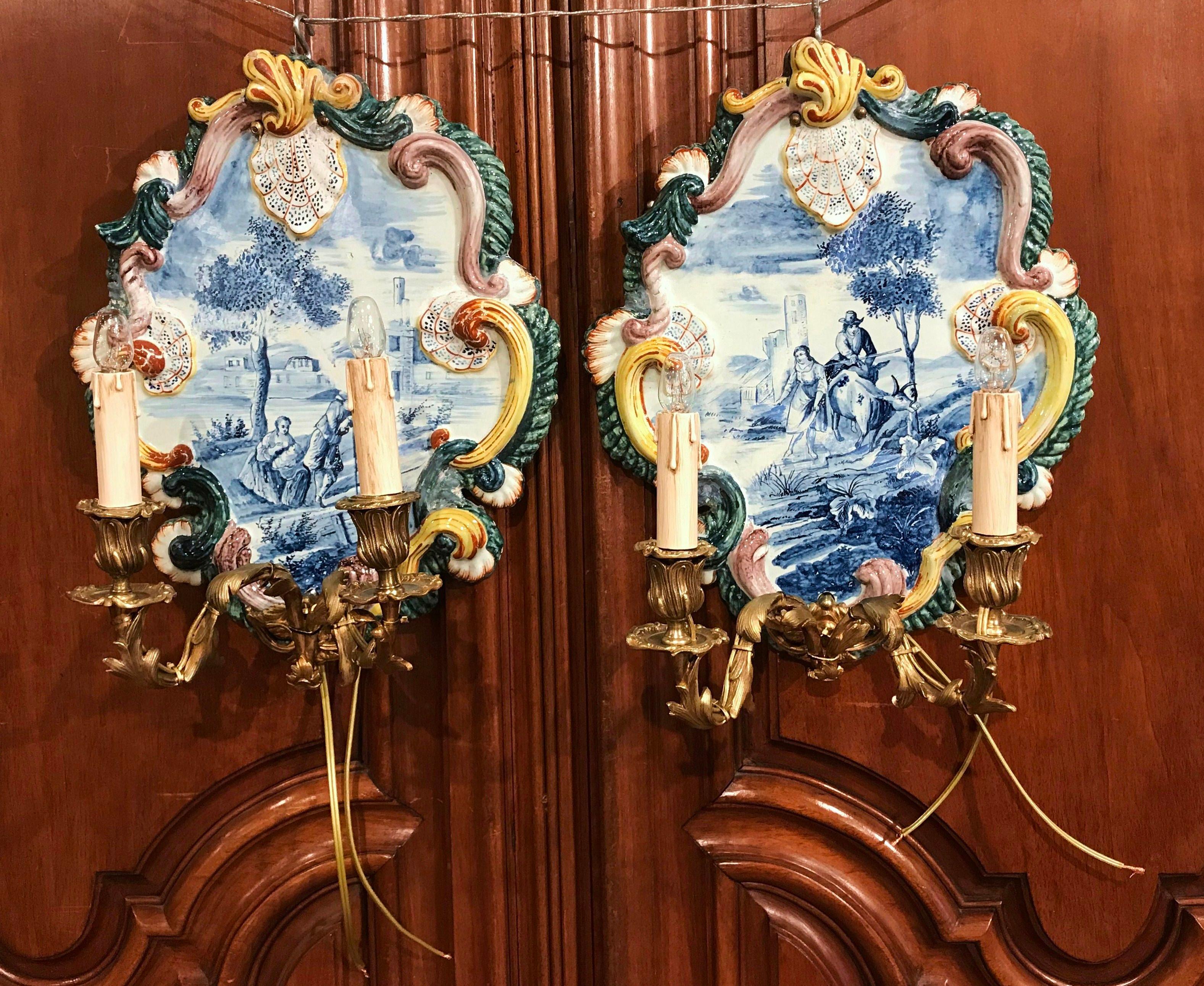 Pair of 19th Century French Louis XV Bronze and Painted Ceramic Wall Sconces 1